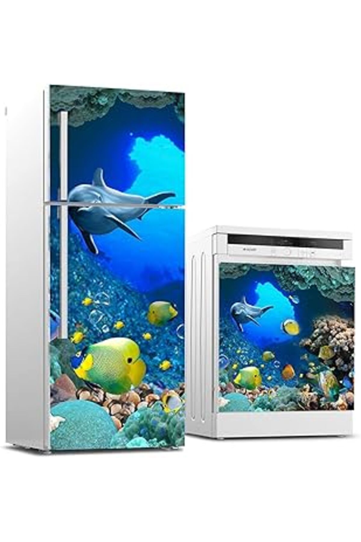 Mu Art Ahşap Buzdolabı Ve Bulaşık Makinası Beyaz Eşya Sticker Kaplama Deniz Altı