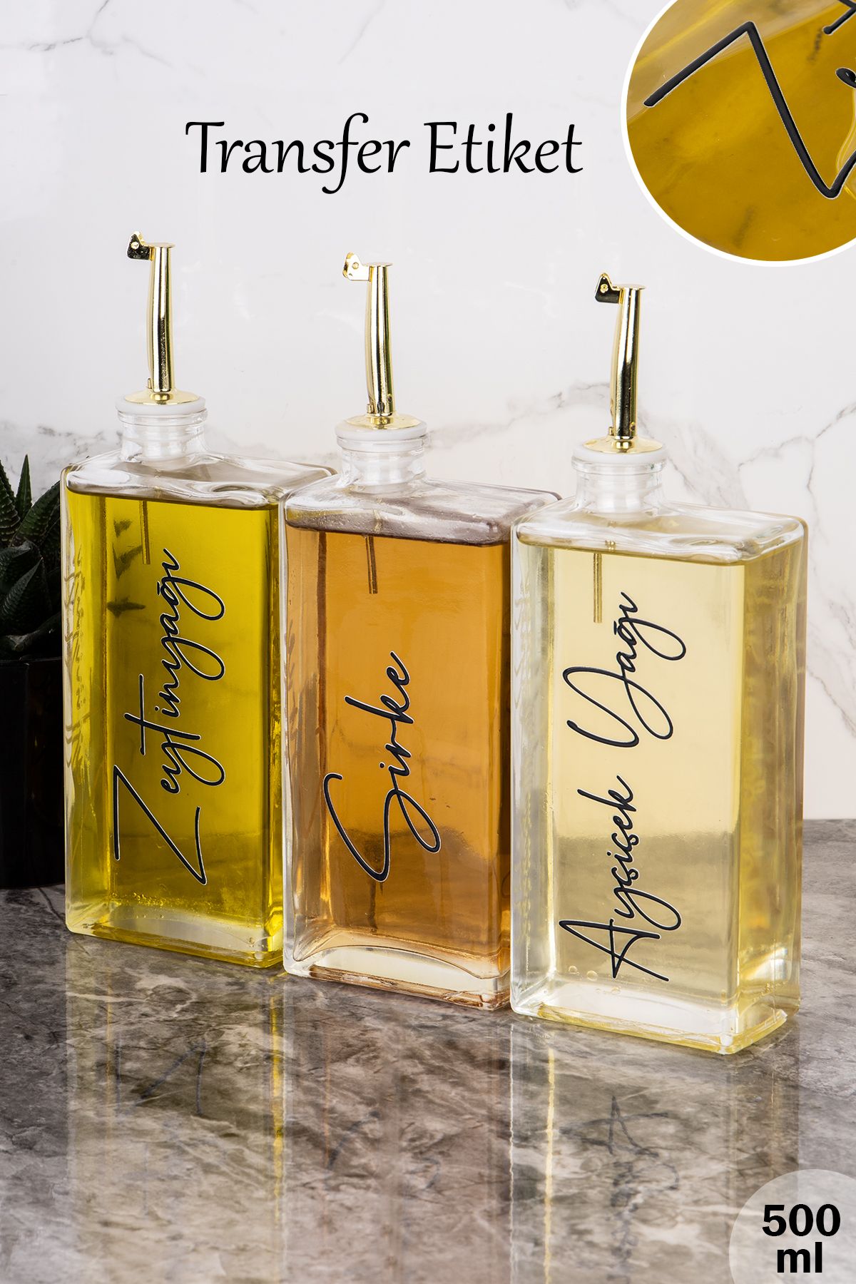 Dolkin Home 3lü 500ml Transfer Etiketli Yağdanlık Gold Kapak Cam Yağlık Zeytinyağı Ayçiçek Yağı Sosluk Sirkelik