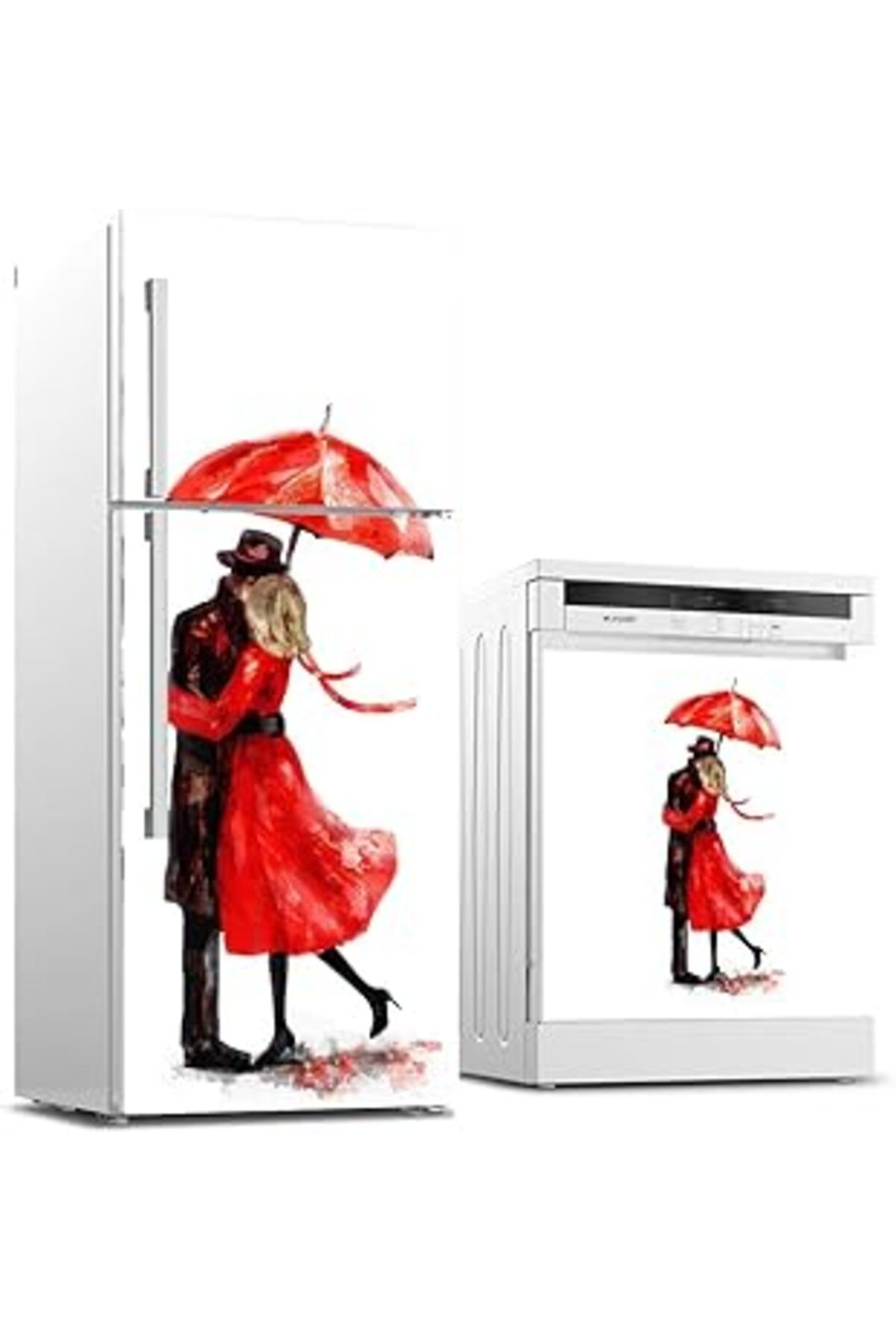 Mu Art Ahşap Buzdolabı Ve Bulaşık Makinası Beyaz Eşya Sticker Kaplama Romantik Şemsiye Yağlıboya