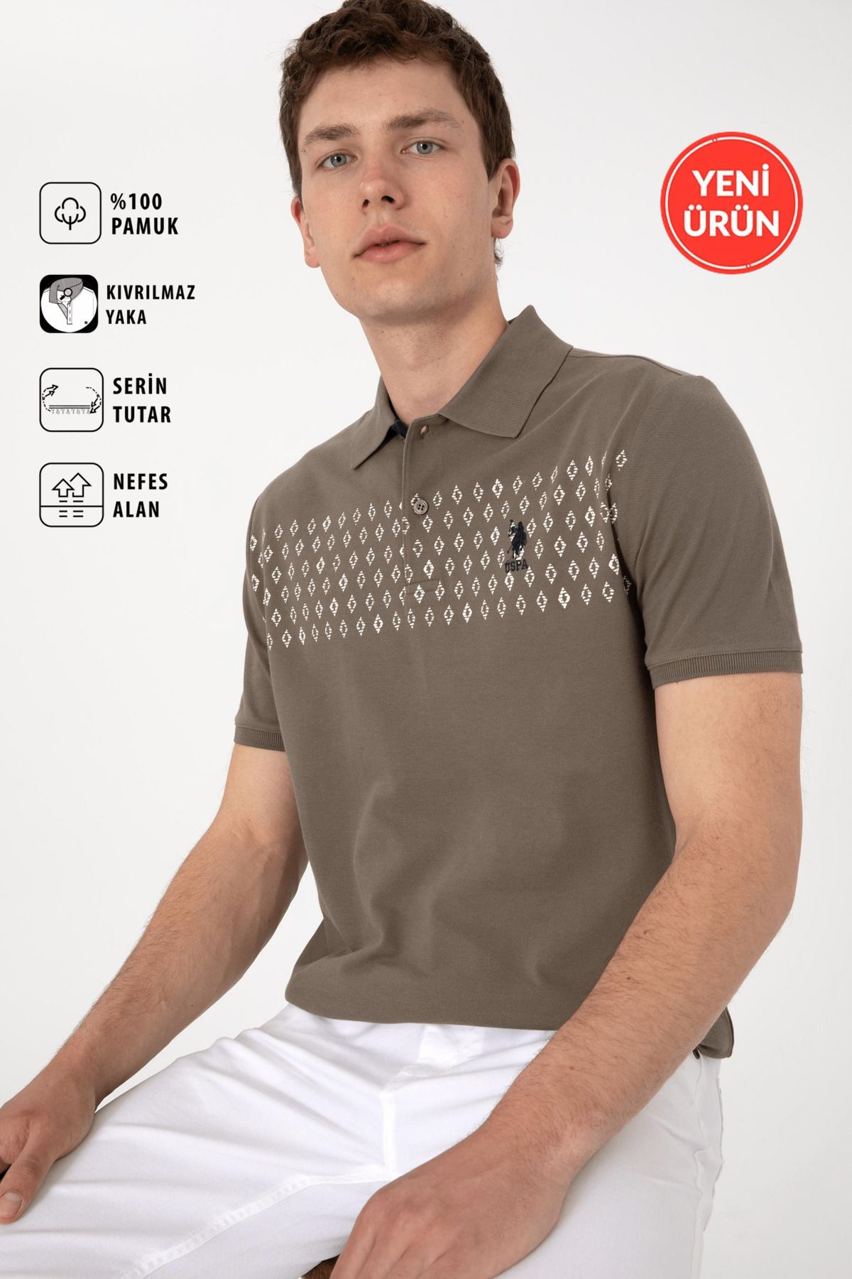 U.S. Polo Assn. Erkek Regular %100 Pamuk Fit Polo Yaka Vizon T-Shirt