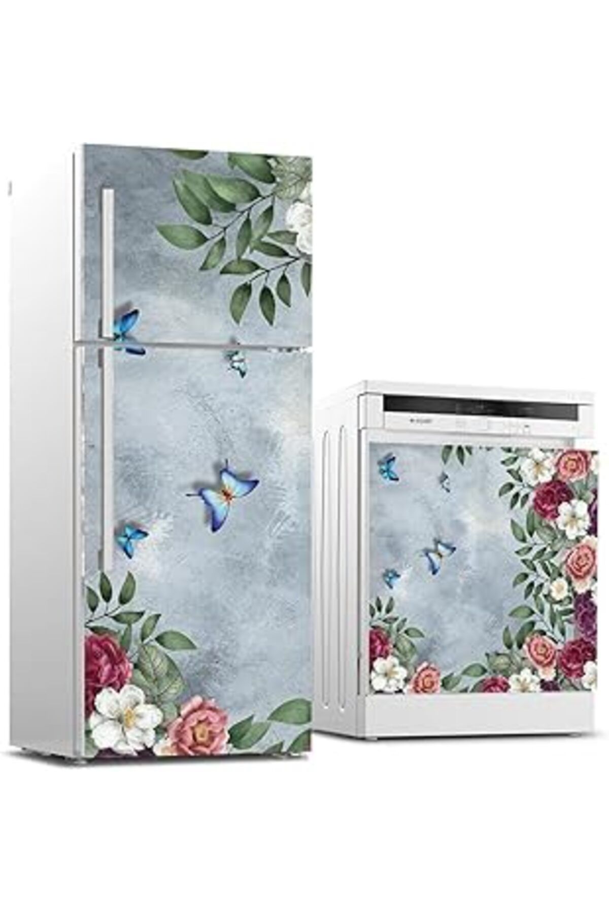 Mu Art Ahşap Buzdolabı Ve Bulaşık Makinası Beyaz Eşya Sticker Kaplama Zarif Çiçek