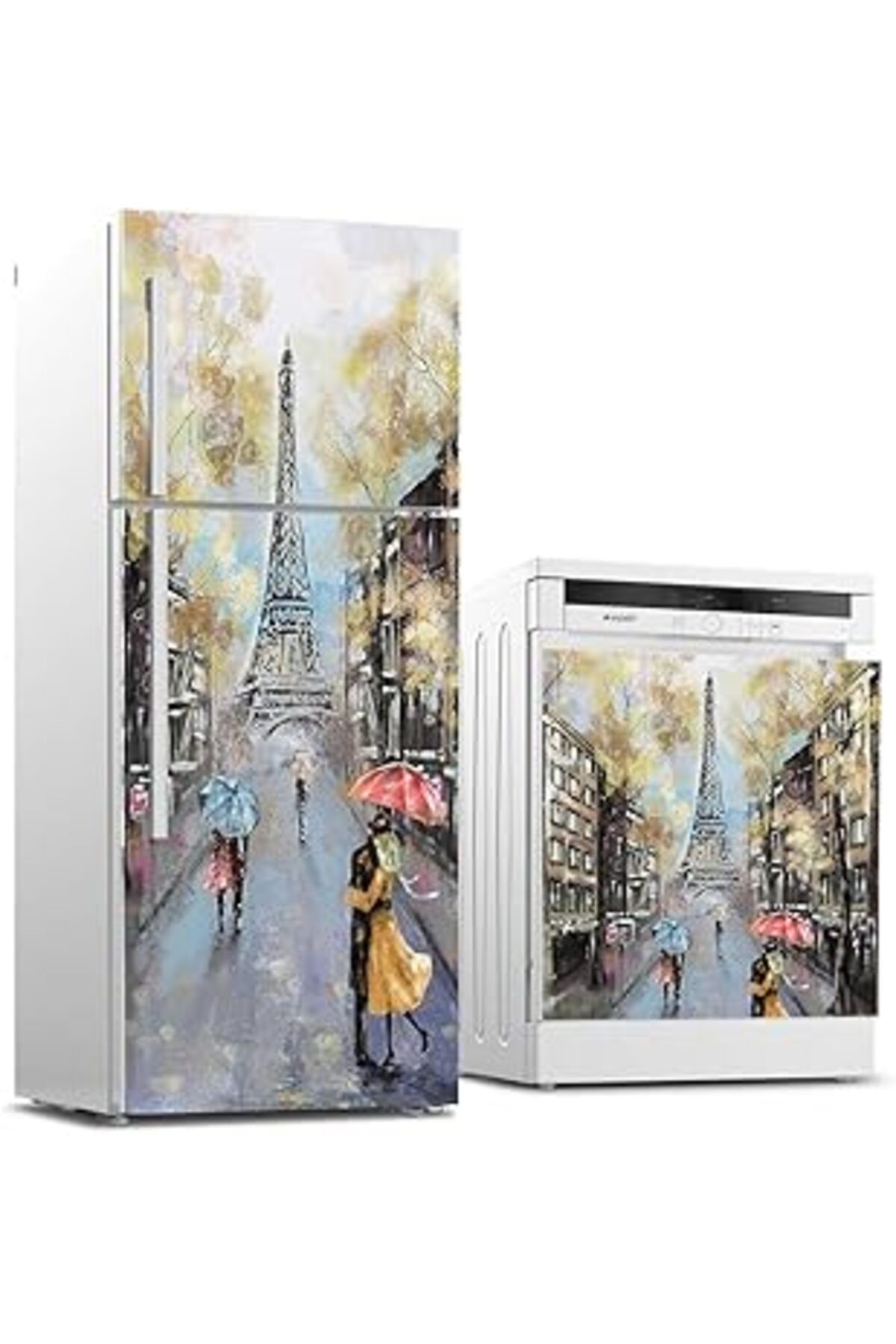 Mu Art Ahşap Buzdolabı Ve Bulaşık Makinası Beyaz Eşya Sticker Kaplama Eyfel Renk Yağlıboya