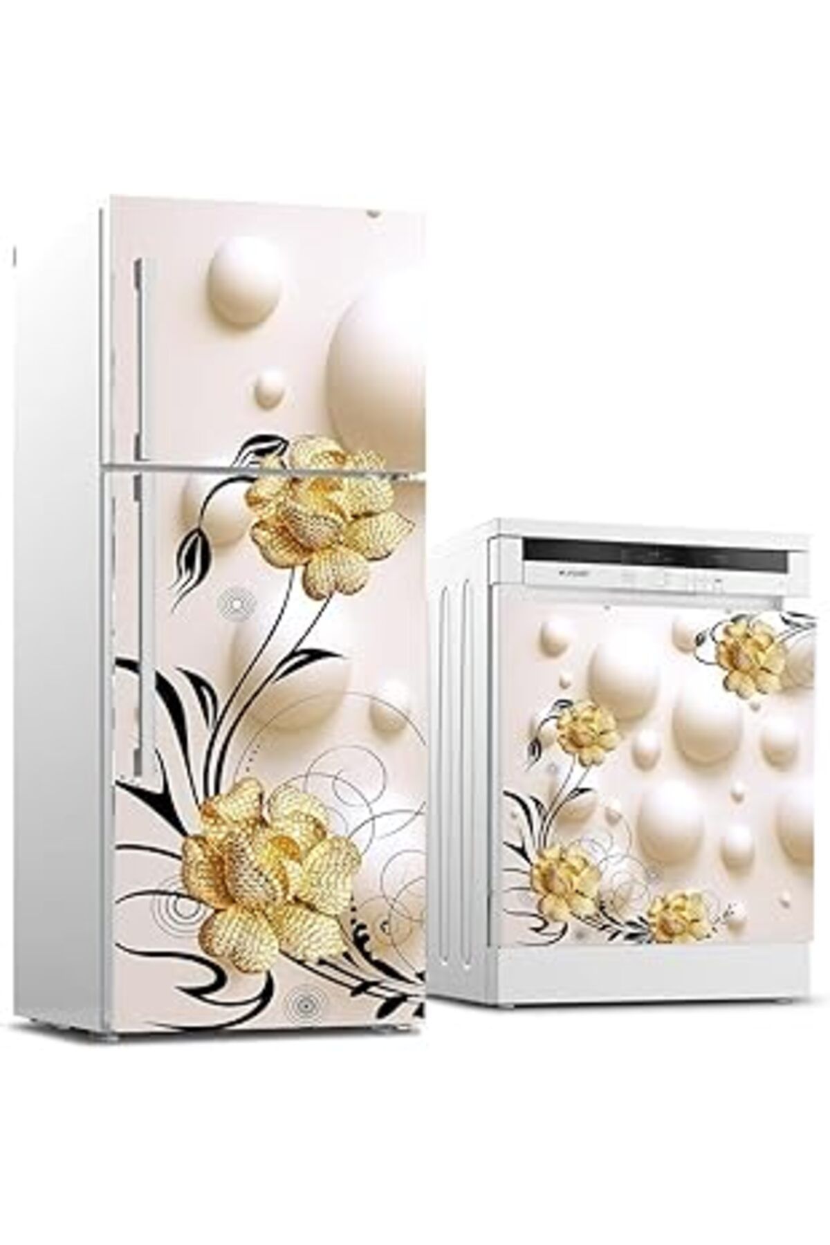 Mu Art Ahşap Buzdolabı Ve Bulaşık Makinası Beyaz Eşya Sticker Kaplama 3D Altın Takı