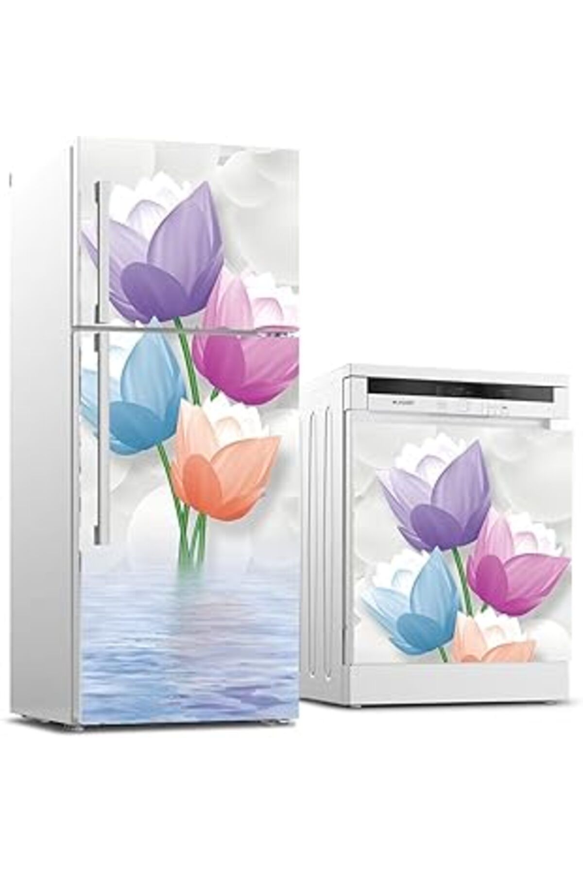 Mu Art Ahşap Buzdolabı Ve Bulaşık Makinası Beyaz Eşya Sticker Kaplama 3D Renkli Çiçekler