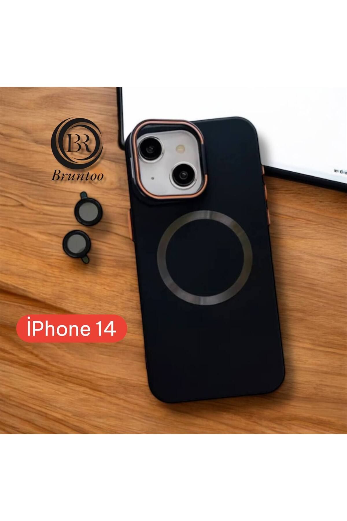 Bruntoo BR Apple İphone 14 Uyumlu Magnezyum Serisi Standlı Kapak Magsafe Sert Kılıf + Kamera Lens Koruma .