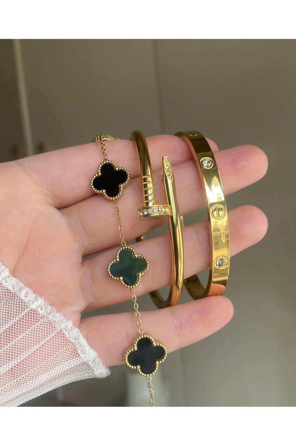 Perry Accesories çift taraflı yonca çift taraflı beyaz mineli çivi ve taşlı model çelik kelepçe seti 3 lü çelik set