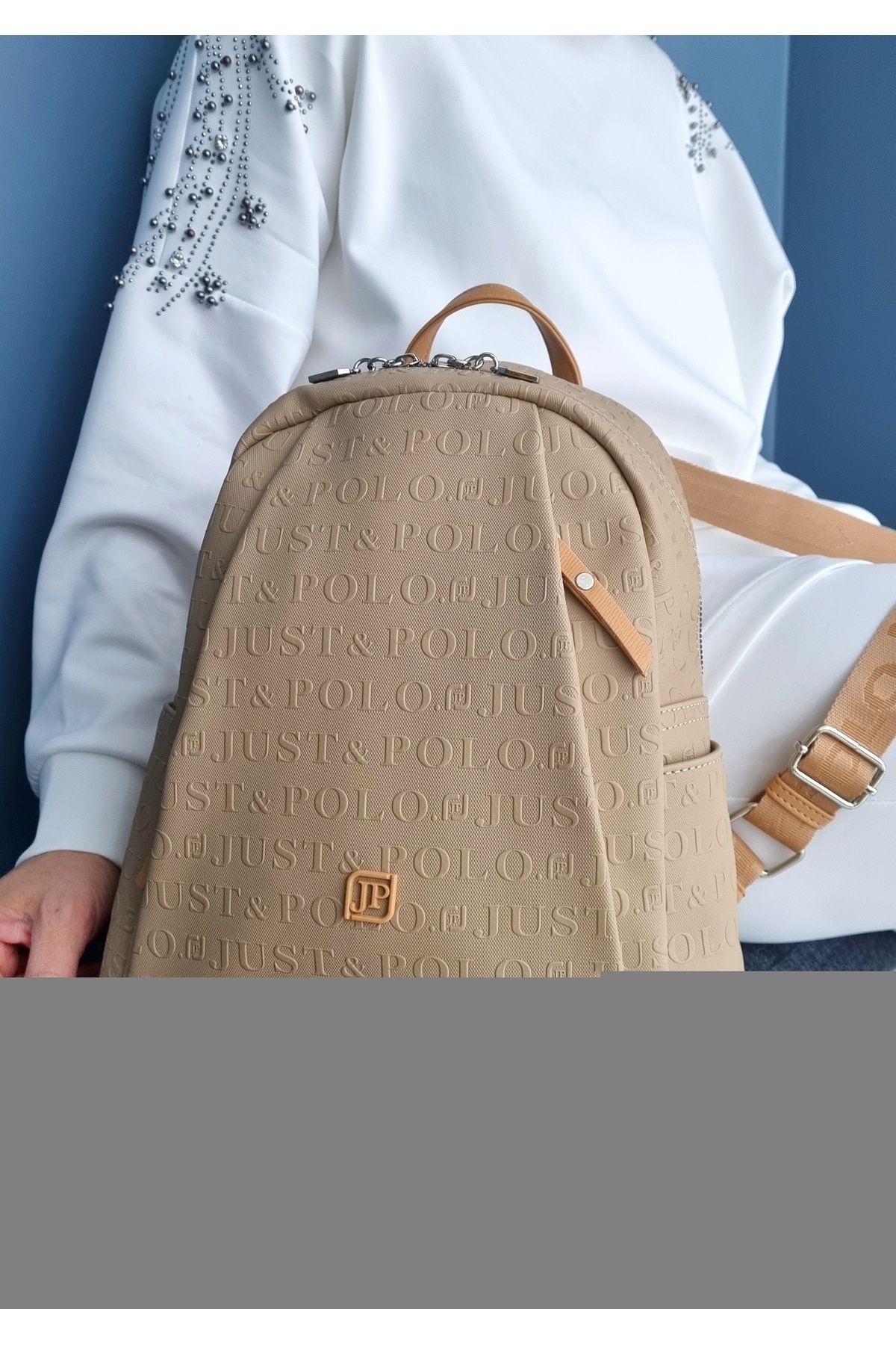 çantamgelsin-Just Polo Women's 9 Compartment Embossed Printed Backpack and Wallet Combination 7