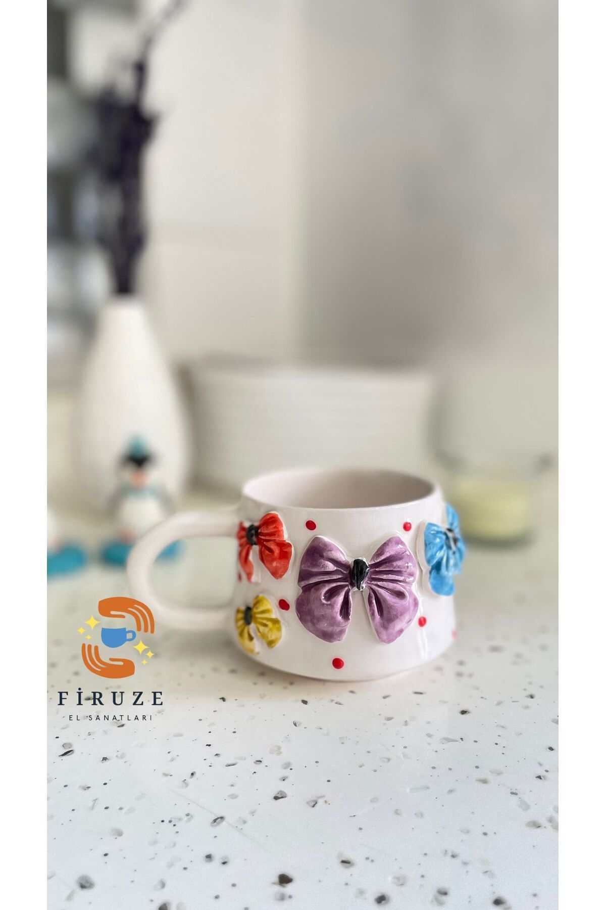 Firuze el sanatları 3D Kurdele Desenli El Dekoru Seramik Kupa