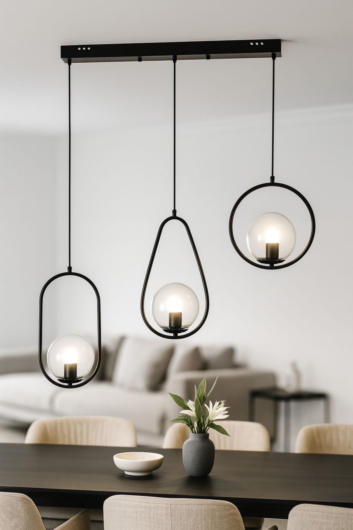 Avizemoda Serra 3'lü Yemek Masası Üstü Şeffaf Camlı Salon Oturma Odası Modern Sarkıt Avize - Siyah
