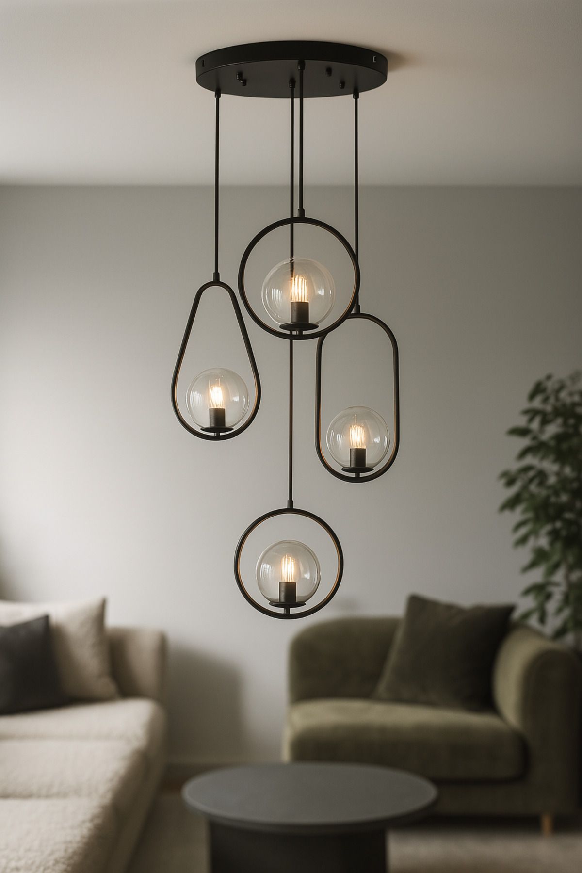 Avizemoda Serra 4'lü Şeffaf Camlı Salon Oturma Odası Modern Sarkıt Avize - Siyah