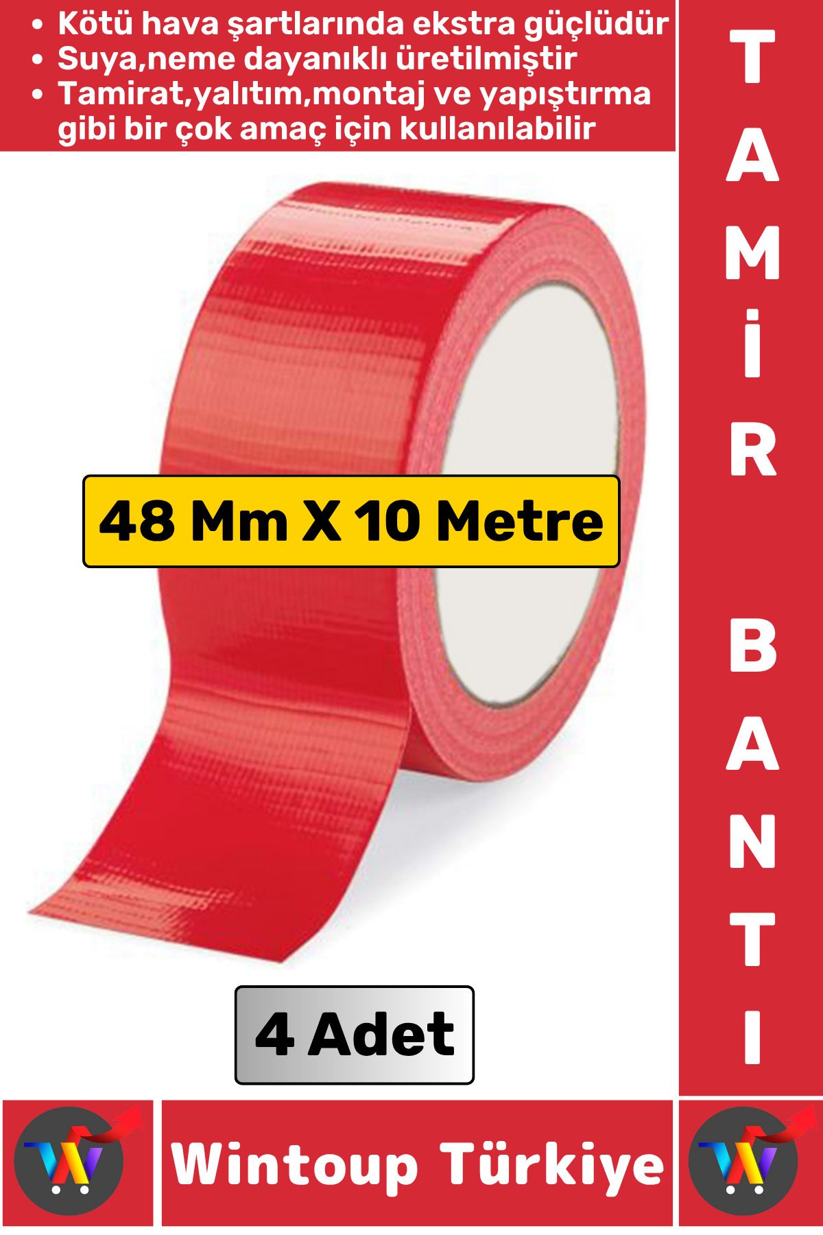 Wintoup Ultra Güçlü Su Neme Dayanıklı Çok Amaçlı Montaj Onarım İzolasyon Tamir Bantı Kırmızı 48 Mmx10Mt 4 Ad