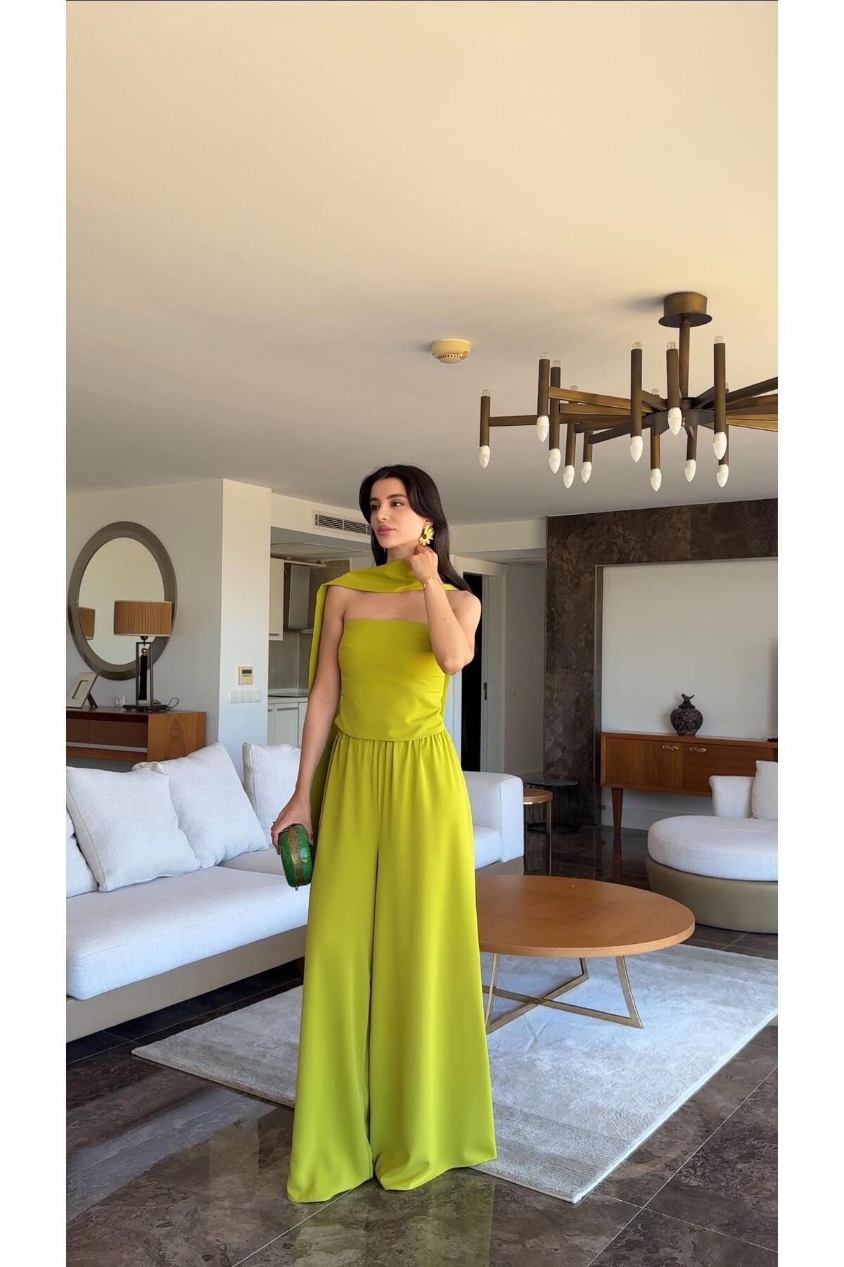 HAZELANNA Şal Detaylı Straplez Yağ Yeşili Takım