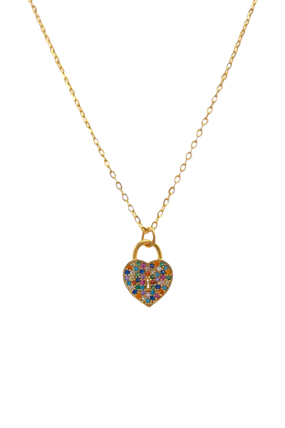 Bonnjerra Jewellery Altın Kaplama Zirkon Taşlı Kalp Kilit Kolye, Aşk Kolyesi, Sonsuz Aşk Kolyesi