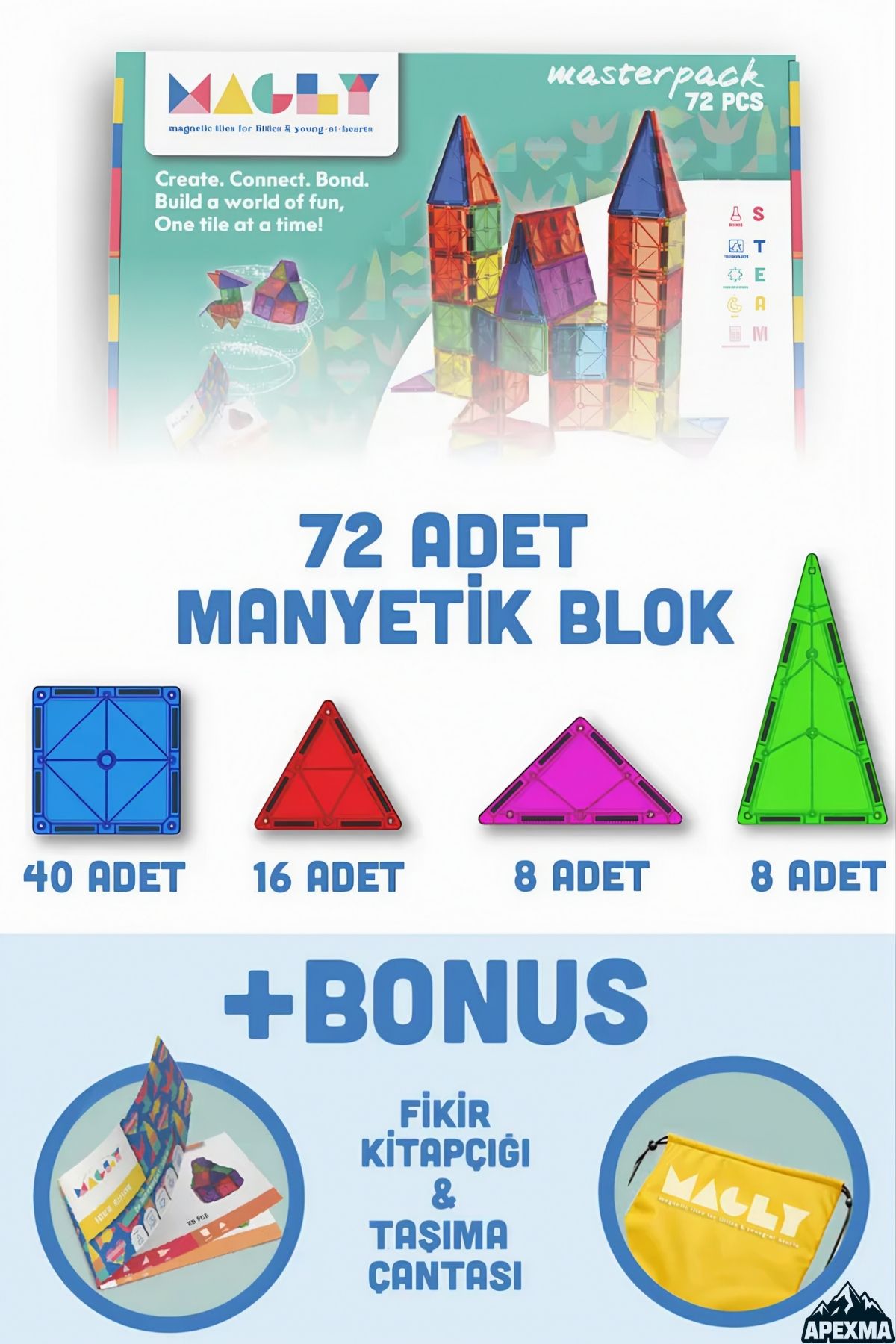Apexma Manyetik Yapı Blokları – Çocuklar Için Renkli 3 Boyutlu 72 Parça Manyetik Mıknatıslı Karo Oyun Seti