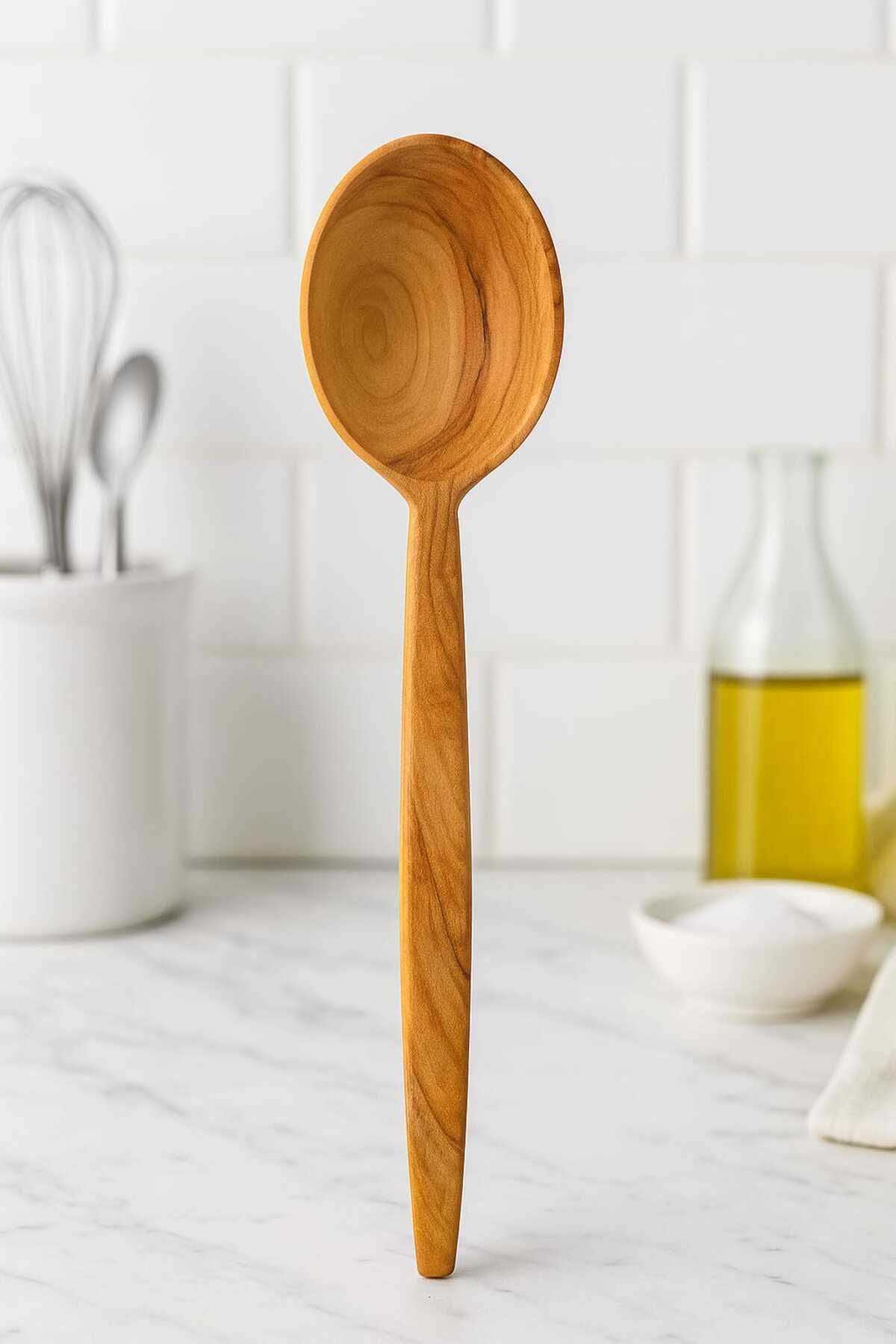 camp one Zeytin Ağacı %100 Doğal El Yapımı Tahta Kaşık Spatula Kaşık 1 Parça Ahşap Yemek Servis Kaşığı Doğal