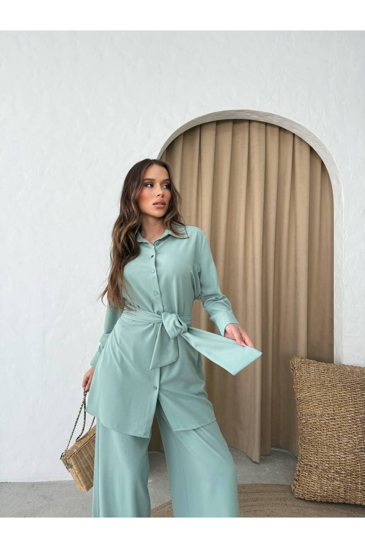 Viskosa Kuşaklı Düğmeli Tunik Pantolon İkili Takım