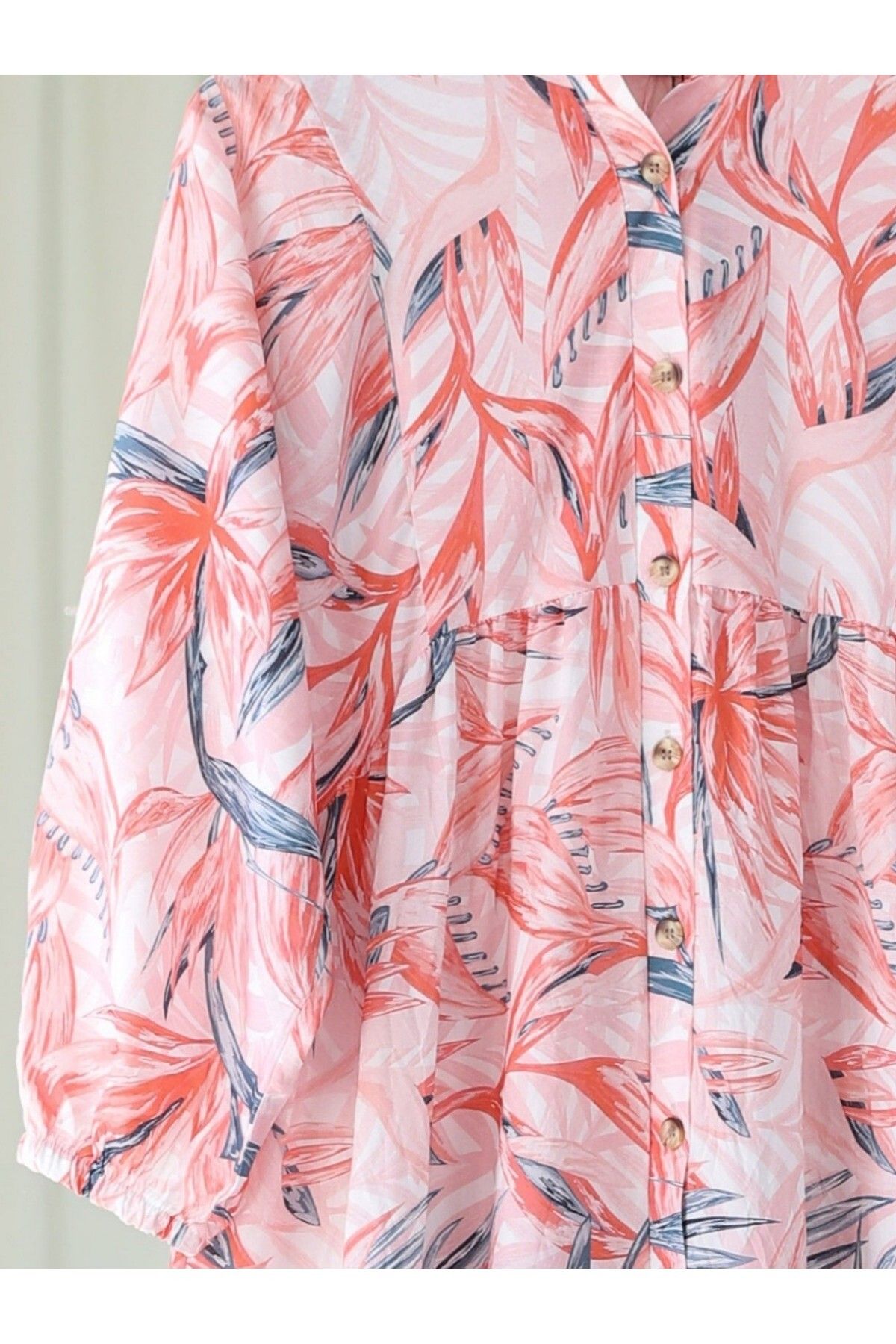 Modamorfo-Floral Patterned Half Button Dress with Split Sleeves and Elastic Waist -Tile 2
