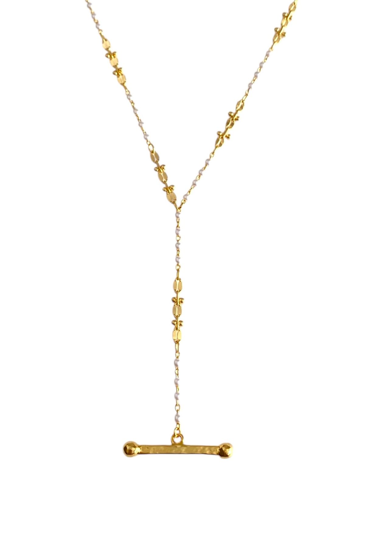 Bonnjerra Jewellery Özel Tasarım Altın Kaplama Minimal İnci Detaylı Dekolte Y Kolye, Dekolte Kolye, İncili Y kolye