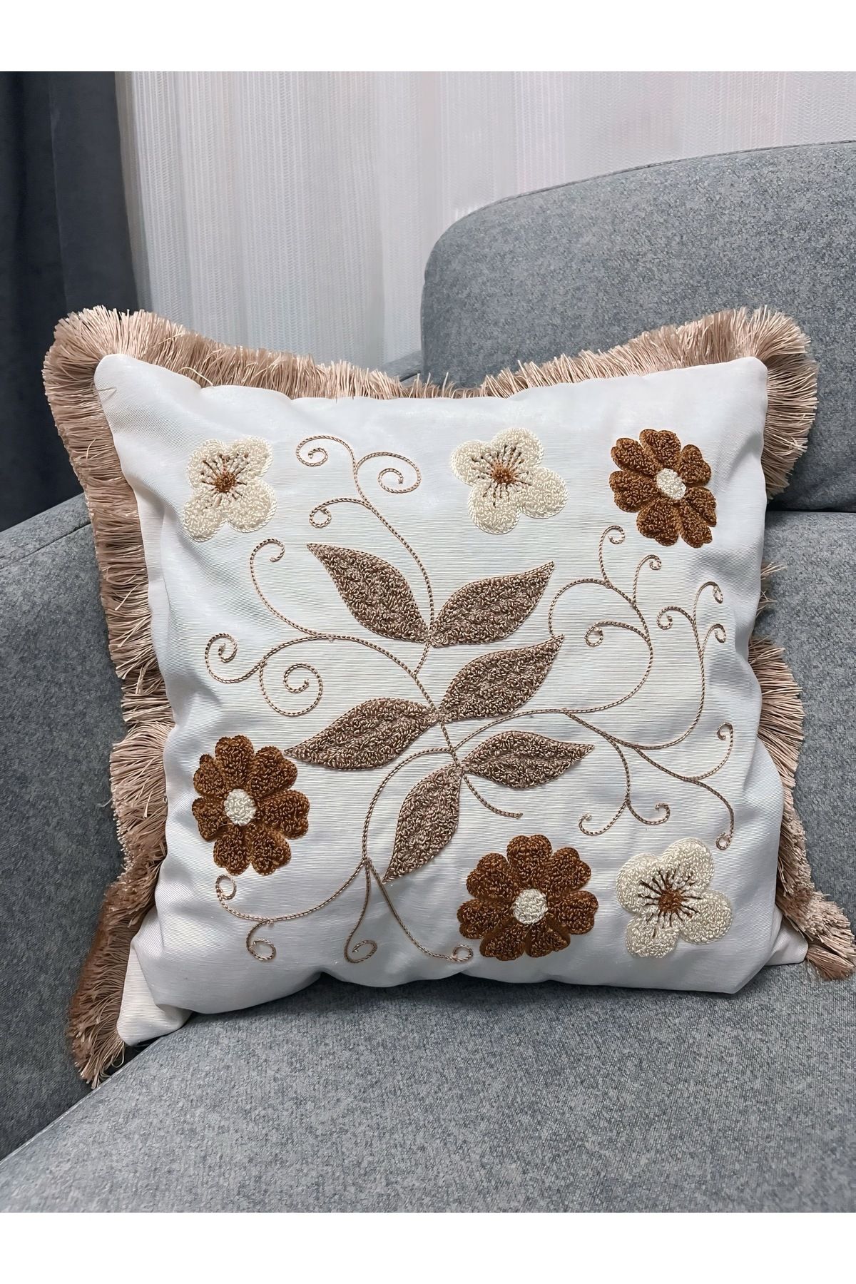 NUVİTA HOME Punch Nakış Desenli Keten Kırlent Kılıfı