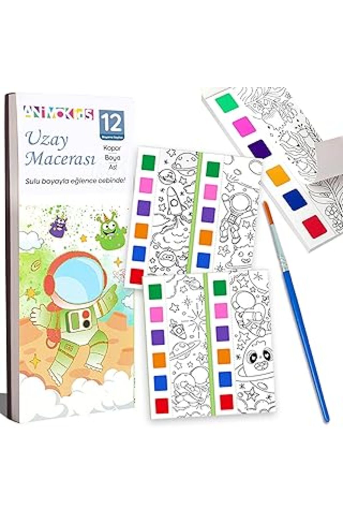 Qedii Animokids Renk Paletli Sulu Boya Kitabı + Fırça, 12 Sayfa Boyama Kitabı, Aktivite Boyama Seti, Çocu