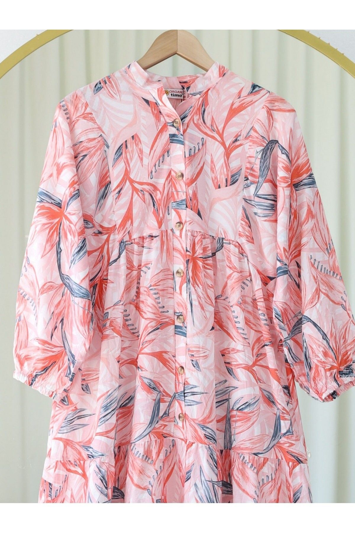 Modamorfo-Floral Patterned Half Button Dress with Split Sleeves and Elastic Waist -Tile 3