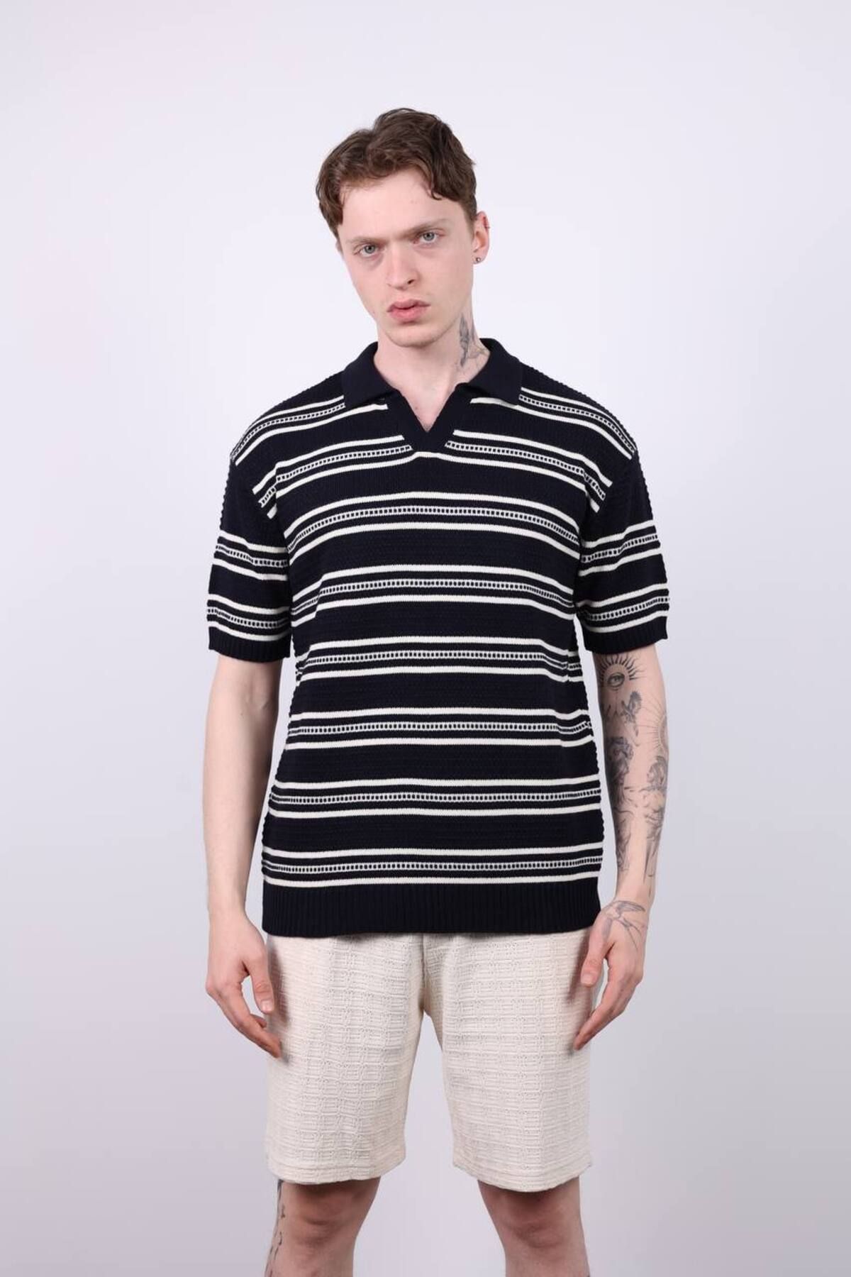 İLKCET MODA Erkek V Yaka Çizgili Oversize Triko T-shirt