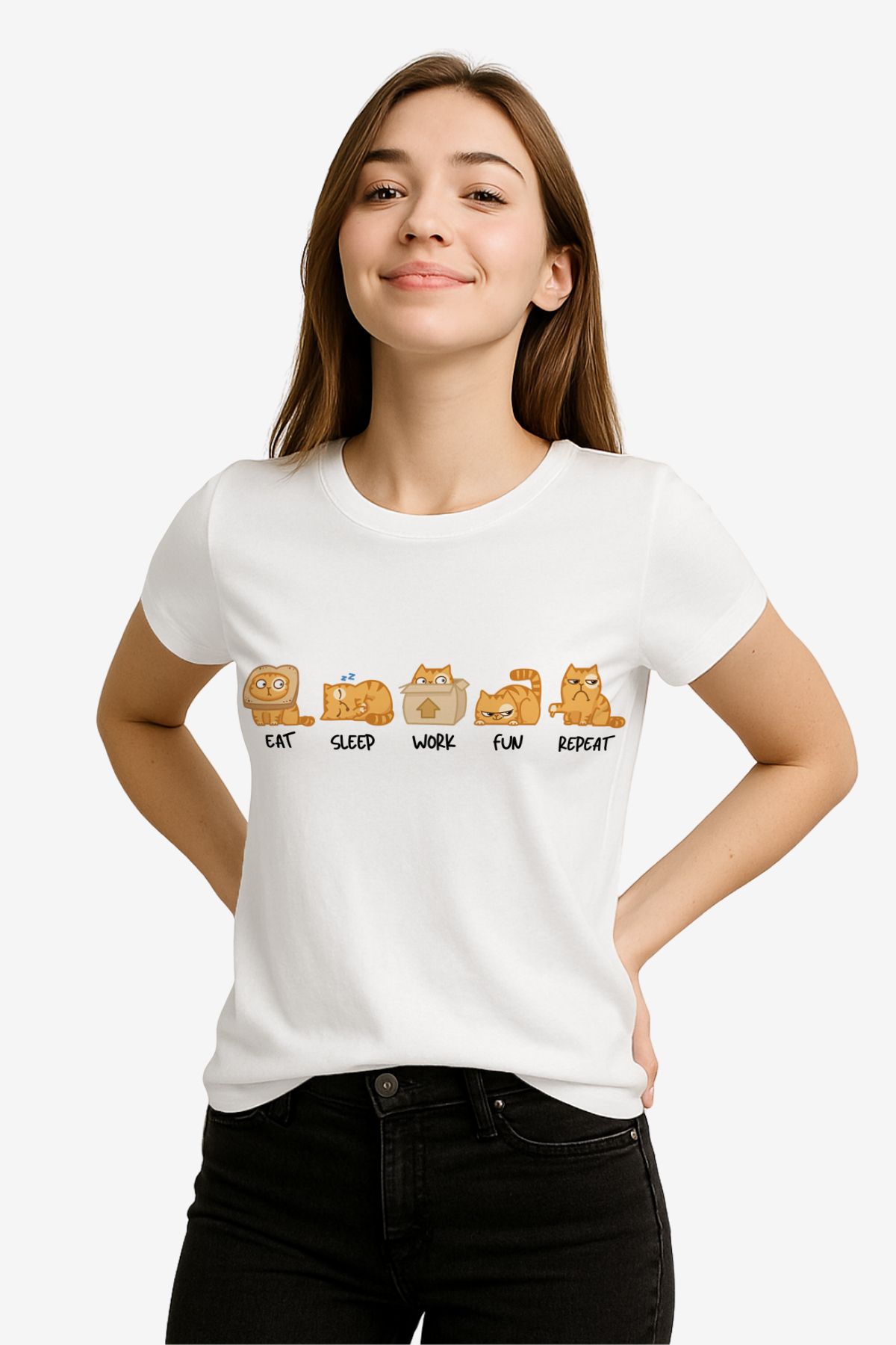 FANA Kadın Beyaz Tişört – Kedi Figürlü, Komik Eat Sleep Work Fun Repeat Baskılı Yazlık T-shirt