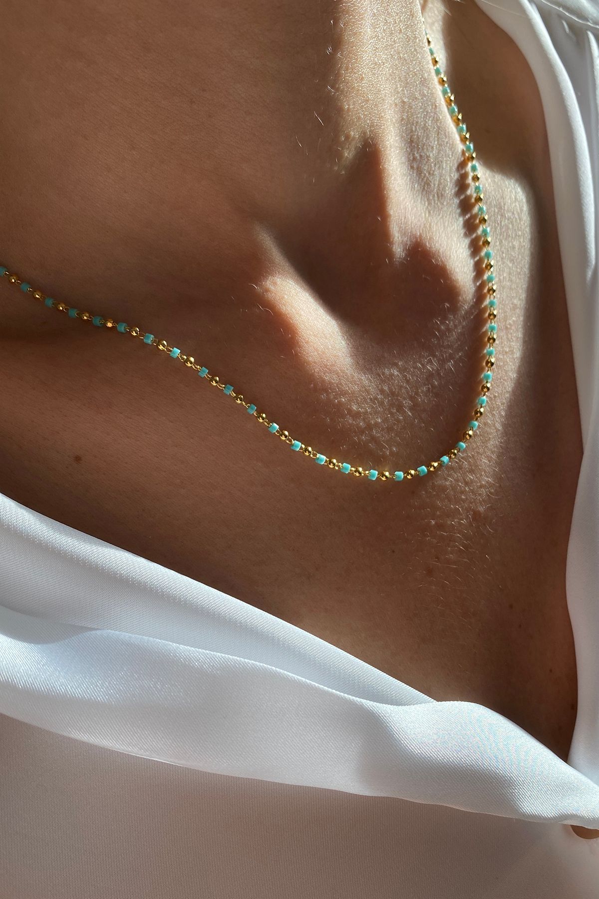 Bonnjerra Jewellery Altın Kaplama Mavi Turkuaz Taşlı Zincir Kolye, Mavi Taşlı Gold Kolye