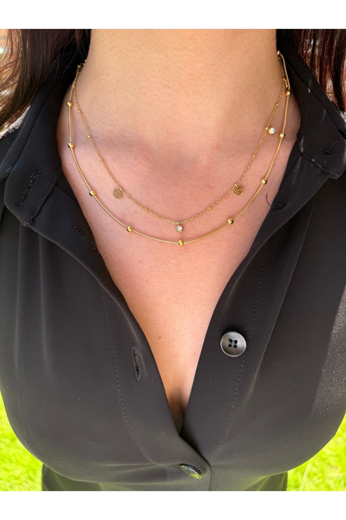 ARMELİA ACCESORİES Armelia Accessories İki Katmanlı İnce Zincir Taş Detaylı Kolye