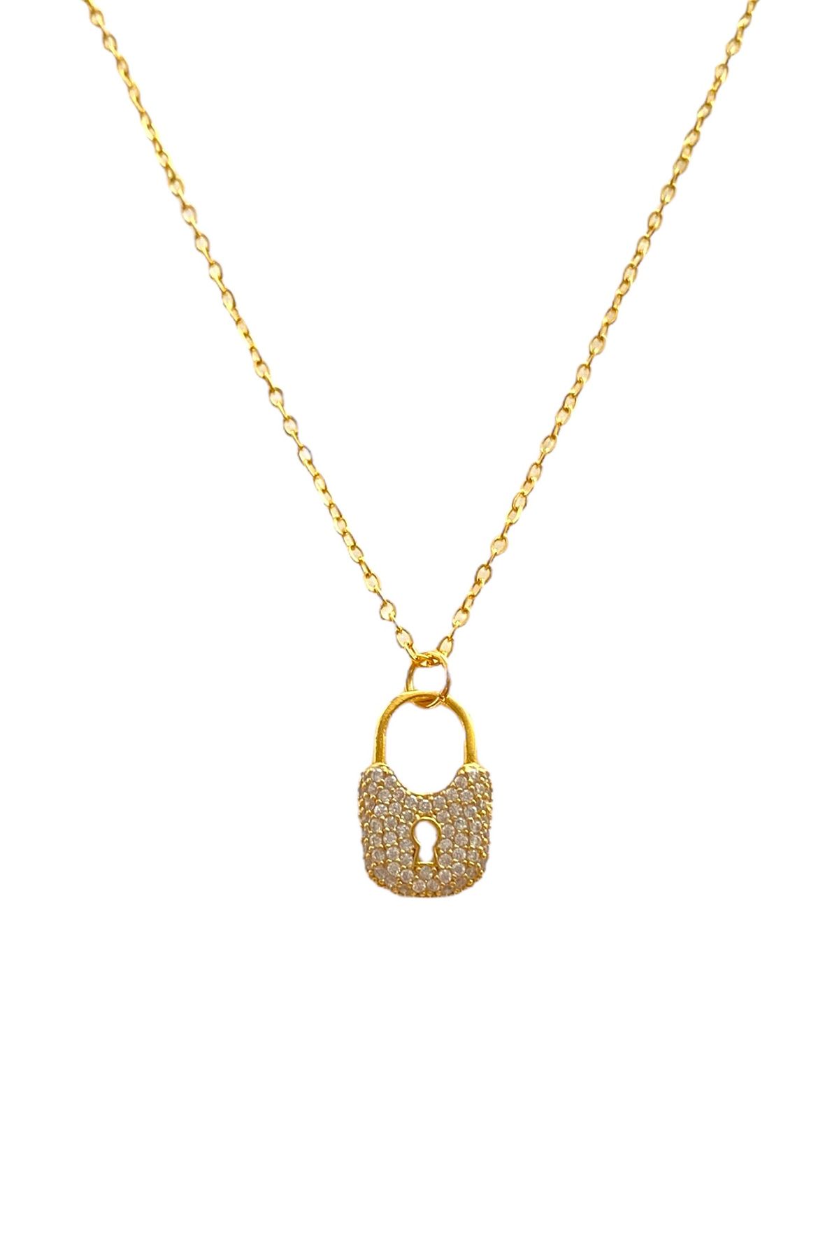 Bonnjerra Jewellery Altın Kaplama Zirkon Taşlı Kilit Kolye, Aşk Kolyesi, Sonsuz Aşk Kolyesi