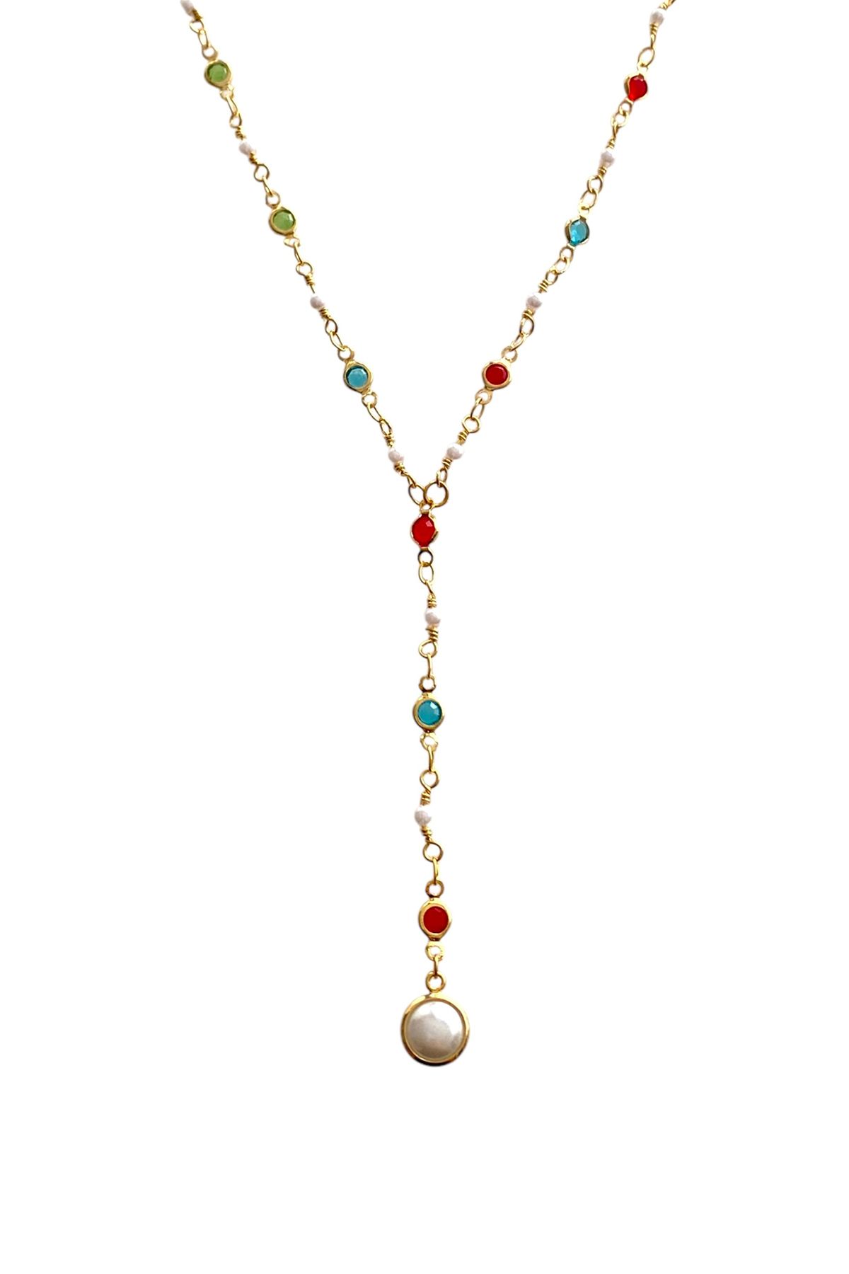 Bonnjerra Jewellery Tasarım Altın Kaplama Renkli Zirkon Taşlı Dekolte Y Kolye