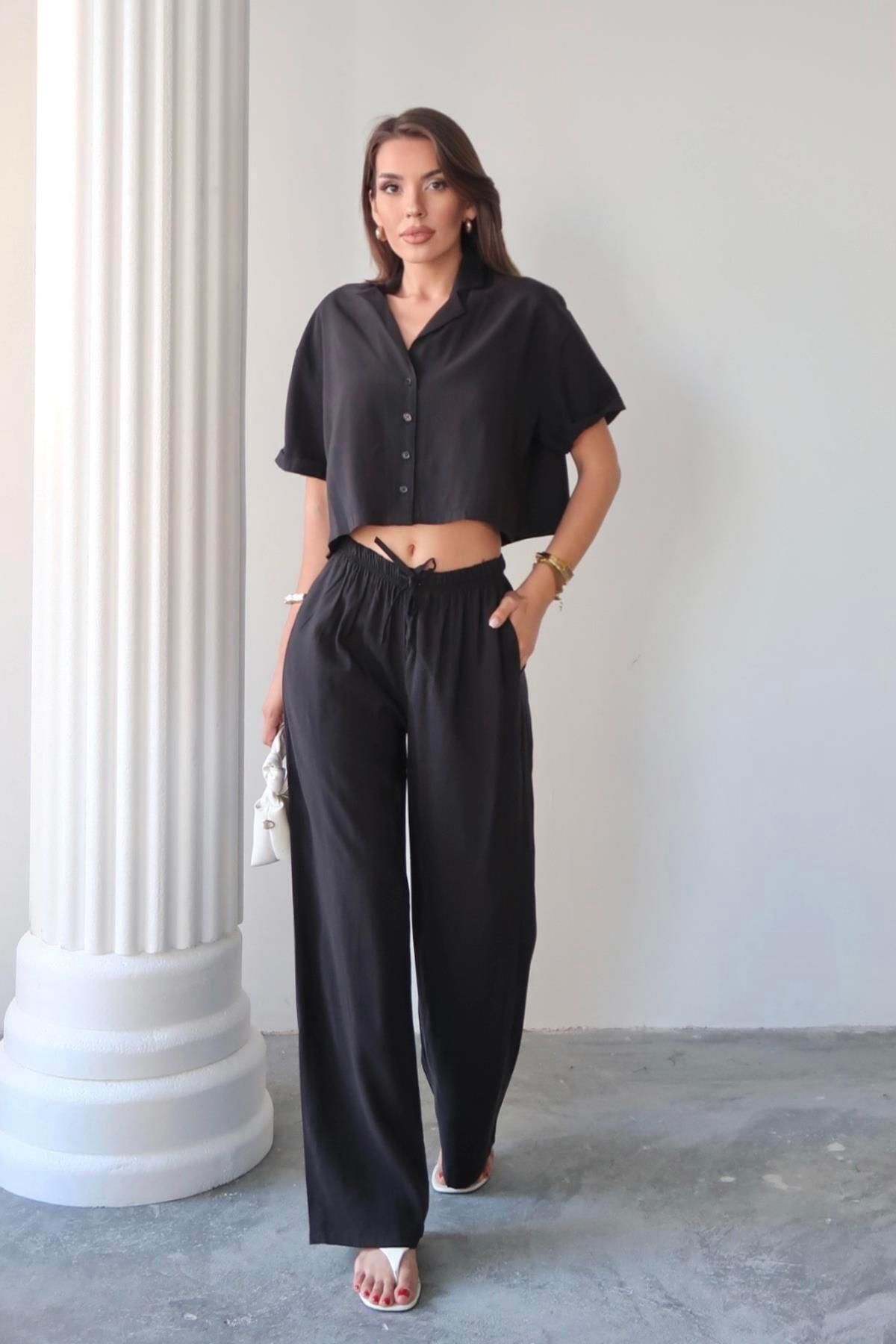Moda cameo Mohinto Modal Kumaş Gömlek Pantolon Takım Siyah