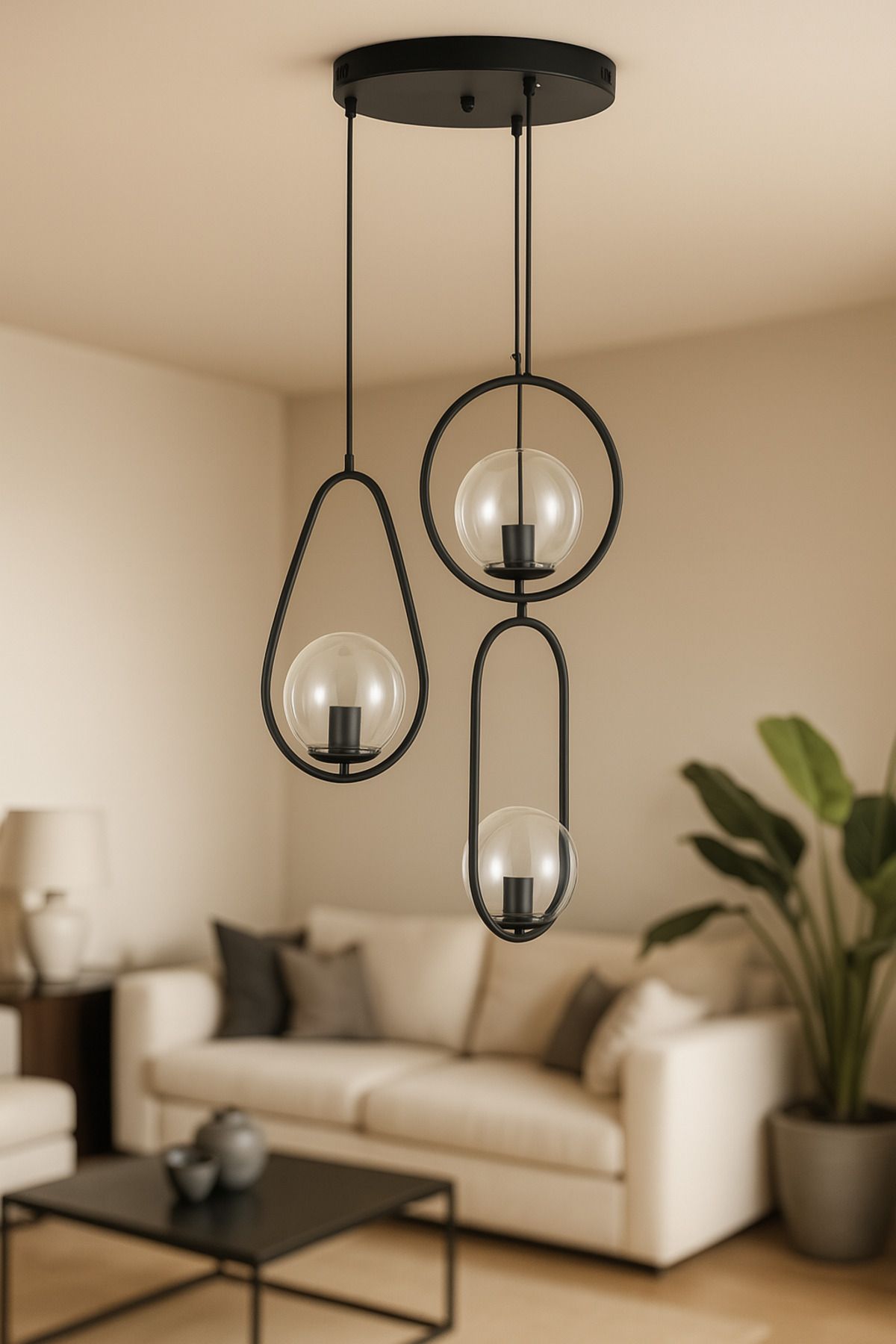 Avizemoda Serra 3'lü Şeffaf Camlı Salon Oturma Odası Modern Sarkıt Avize - Siyah