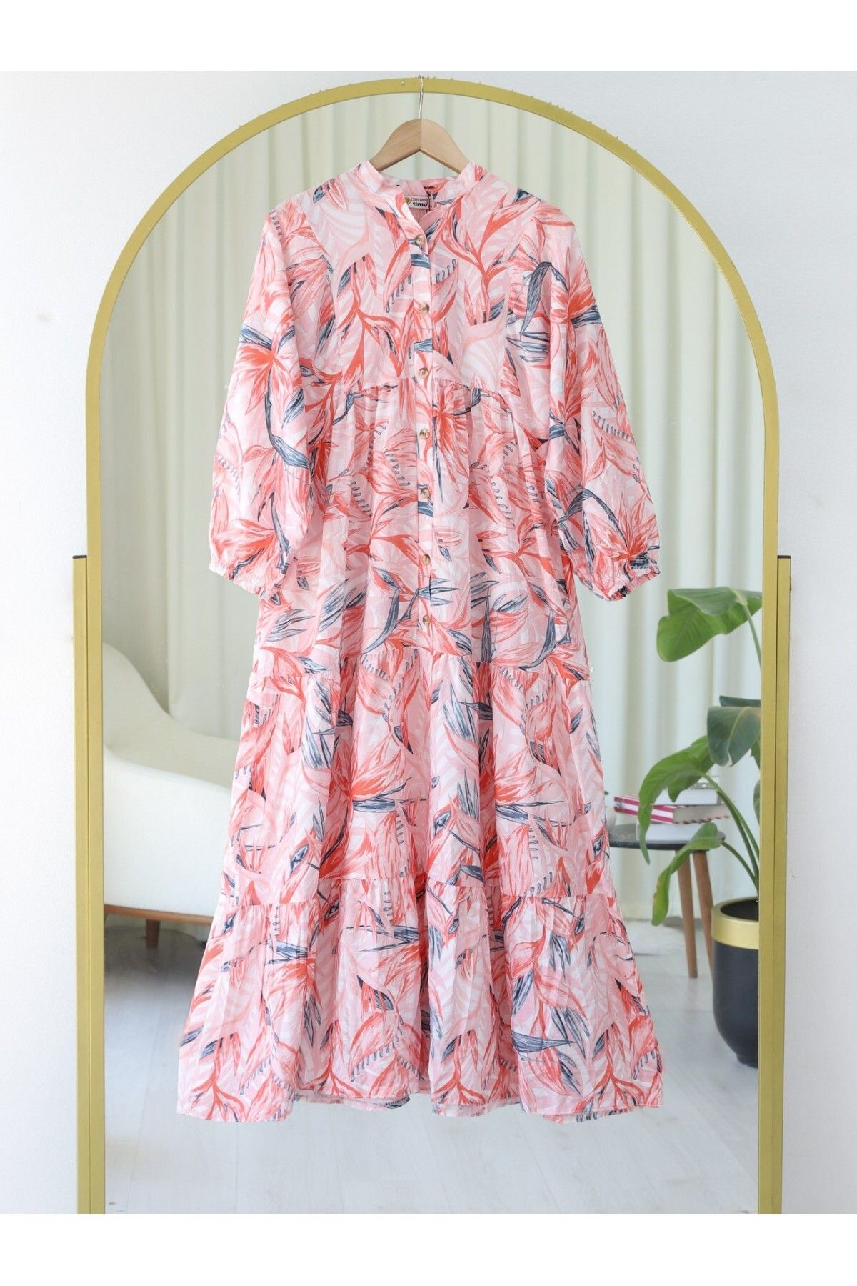 Modamorfo-Floral Patterned Half Button Dress with Split Sleeves and Elastic Waist -Tile 1