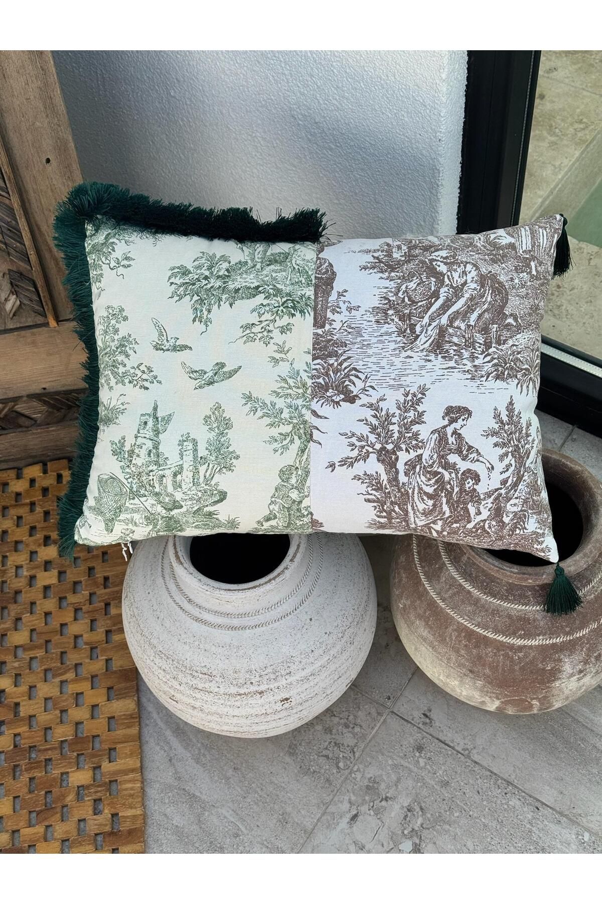 ref crea Toile De Jouy Kırlent Kılıfı Yeşil - Kahve