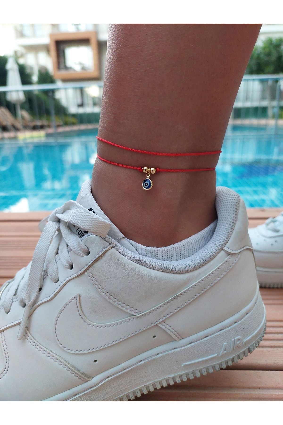LUCKY ACCESSORIES Kırmızı İp Şans Nazar Boncuklu ve Düz 2 li Halhal