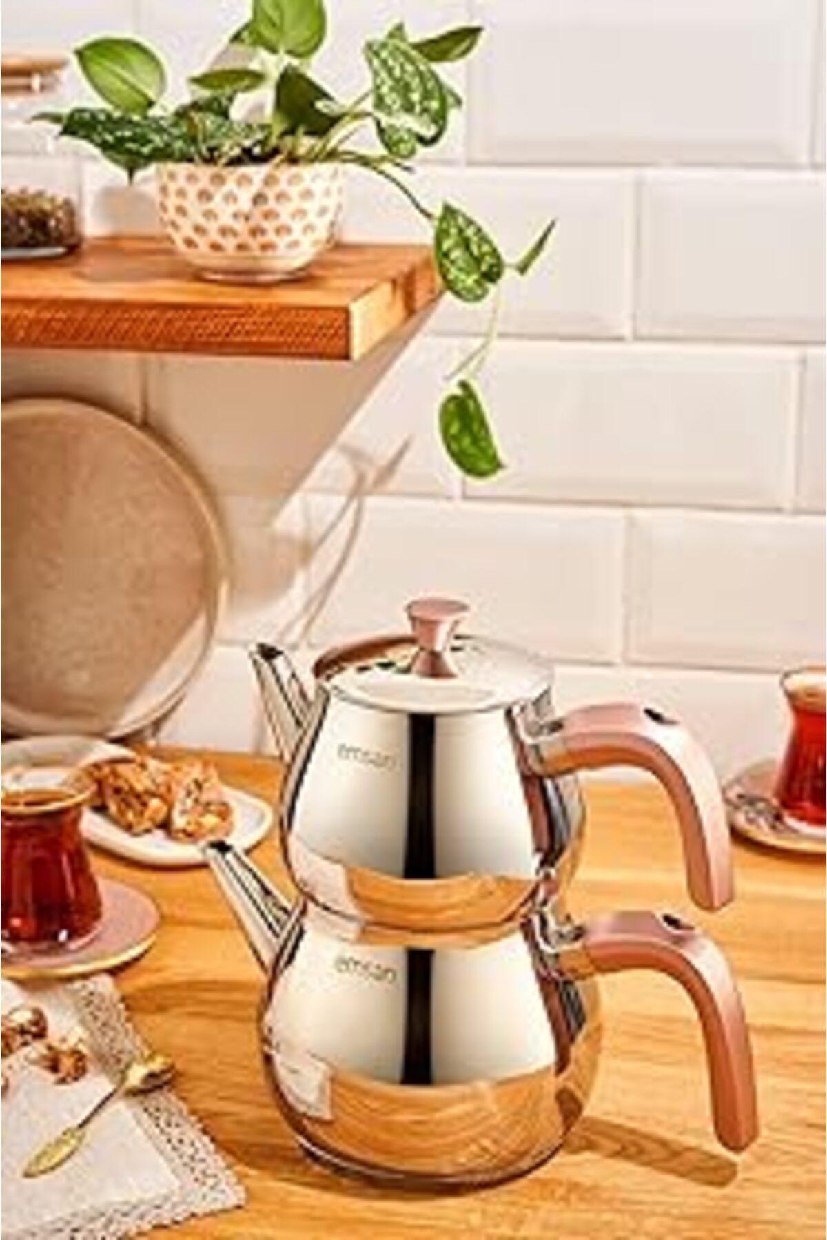 Mu Art Ahşap Emsan Pera Midi Çaydanlık Takımı, Alaşım Çelik, Metalik Gri Ve Renkli Sapli