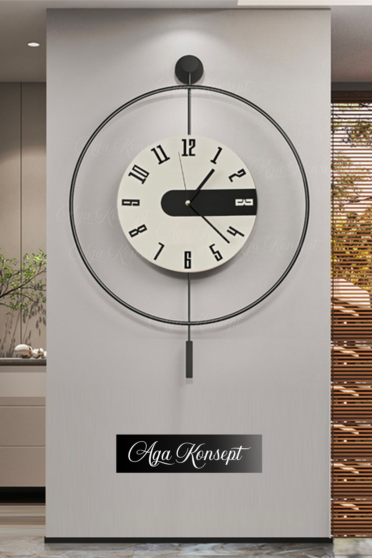AGA KONSEPT SİYAH Latin 3 Kristal Tiktok (BÜYÜK BOY 50 X 75 Cm), Modern Dekoratif Sarkaçlı Metal Duvar Saati