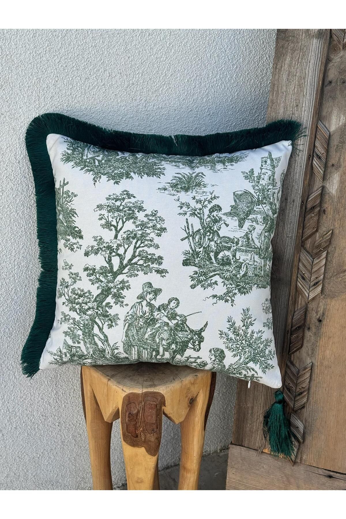 ref crea Toile De Jouy Kırlent Kılıfı Yeşil