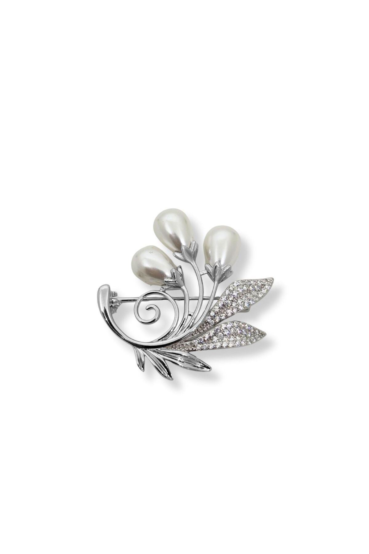 oya silver İnci Tomurcuğu Yaprak Gümüş Broş – 3.8x3.5 cm