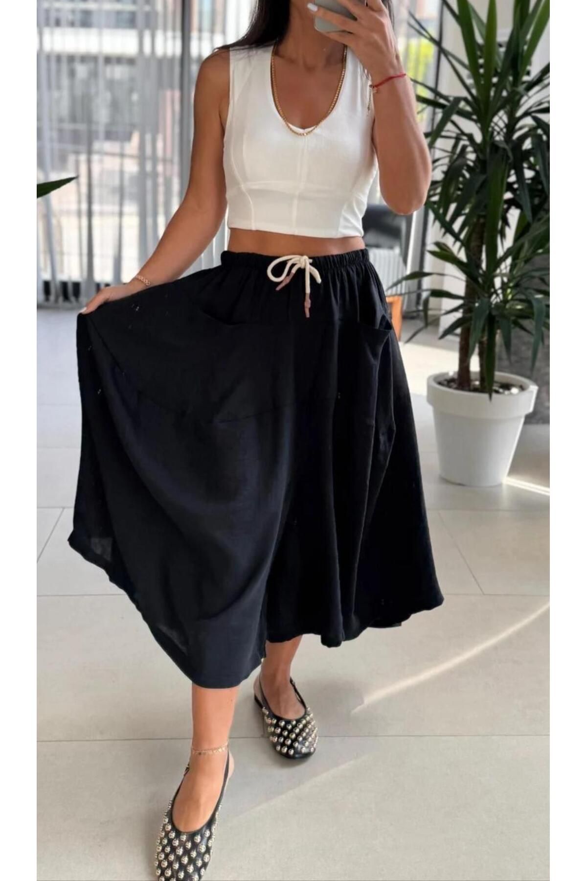 SHOP MY SİYAH FLOŞ KETEN PANTOLON