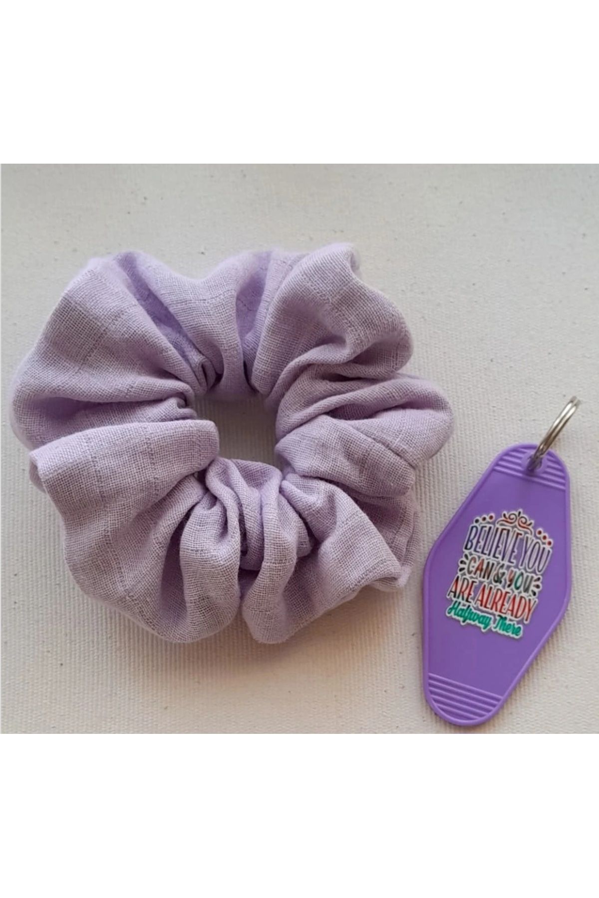 FASHION Muslin kumaştan scrunchie ve retro otel anahtarlık