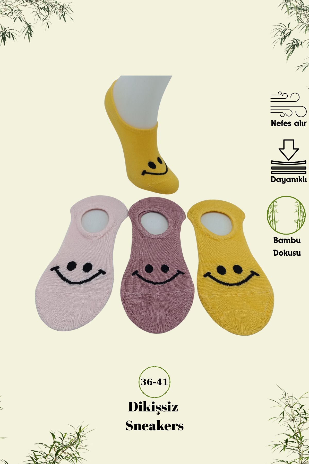 stellare Bambu Dikişsiz Sneakers Çorap 3 Çift Gülen Emoji Desenli