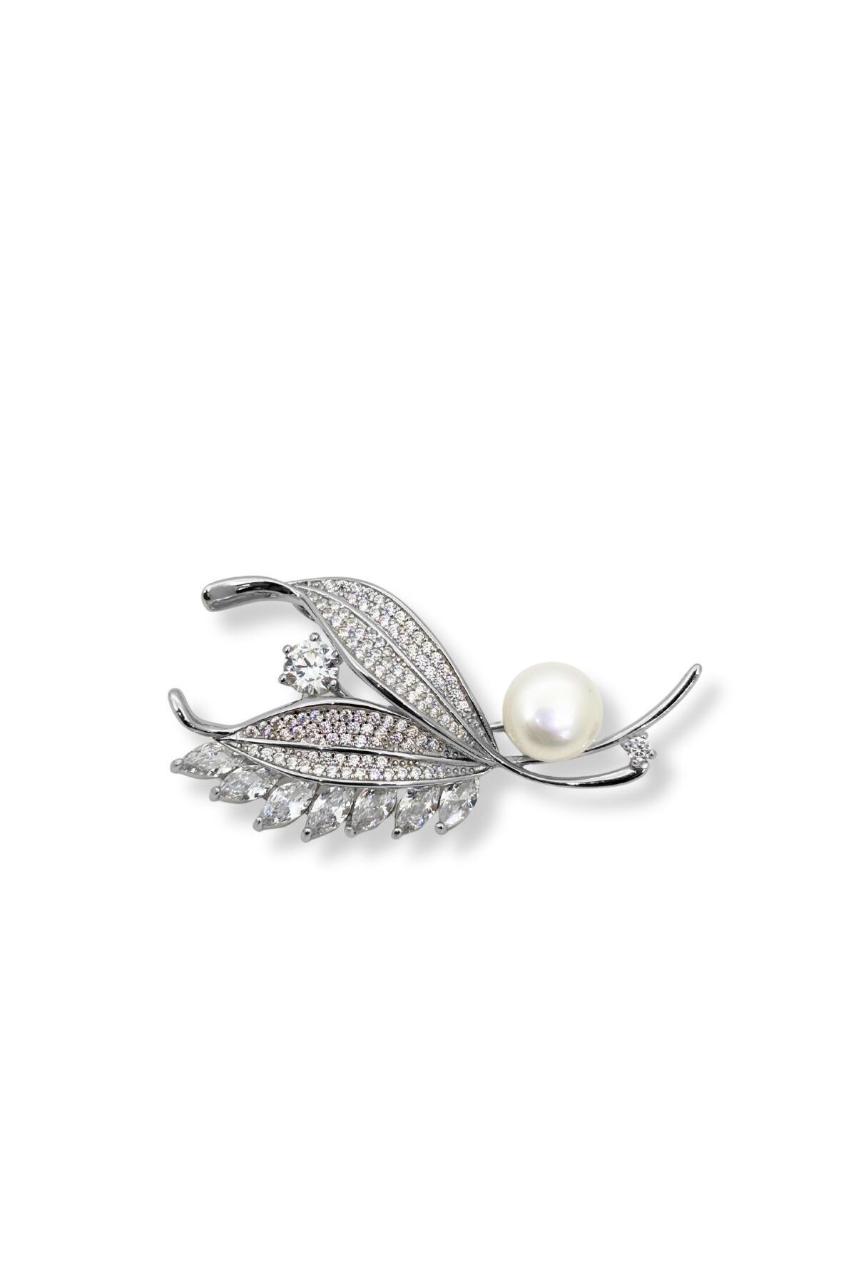 oya silver Taşlı İncili Çift Yaprak Gümüş Broş – 2.7x5 cm