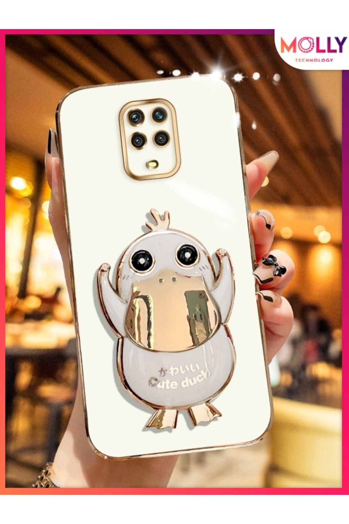 Molly Xiaomi Redmi NOTE 9 PRO İçin İnci Beyazı Sevimli Ördek Standlı Gold Detaylı Lüks Silikon Kılıf
