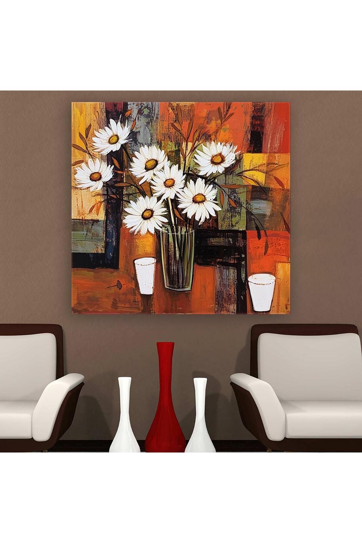 Ritmo Canvas Abstres Desenler Üzerine Beyaz Papatyalar Kanvas Tablo