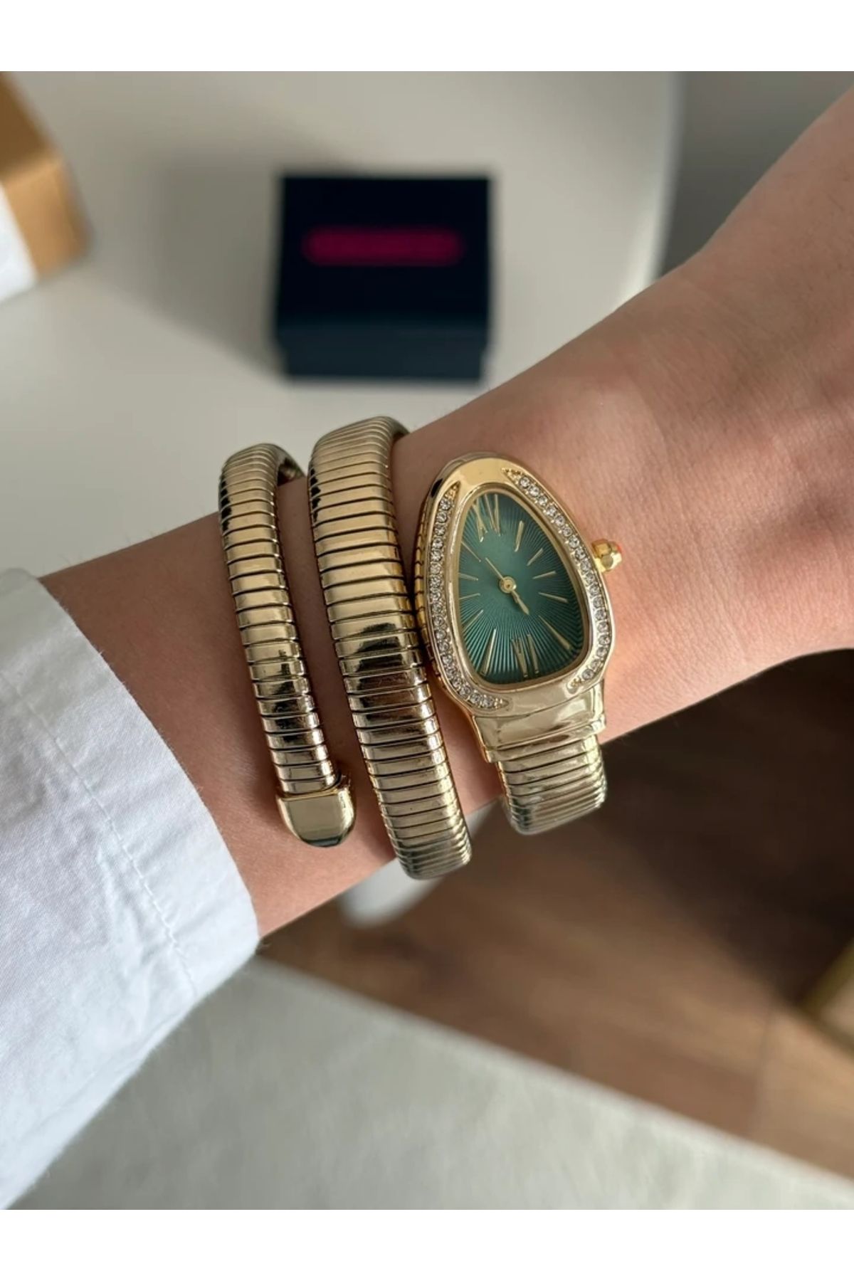 RoseandRoses Snake Sarmal Model Yeni Sezon Kadın Kol Saati Gold (Yeşil Kadran)
