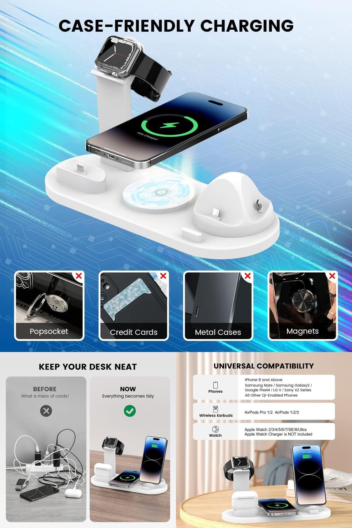 Midday ⚡ 18W Adaptörlü Qi Destekli Akıllı Şarj Standı | iPhone - Samsung - Apple Watch Uyumlu Kablosuz Şarj