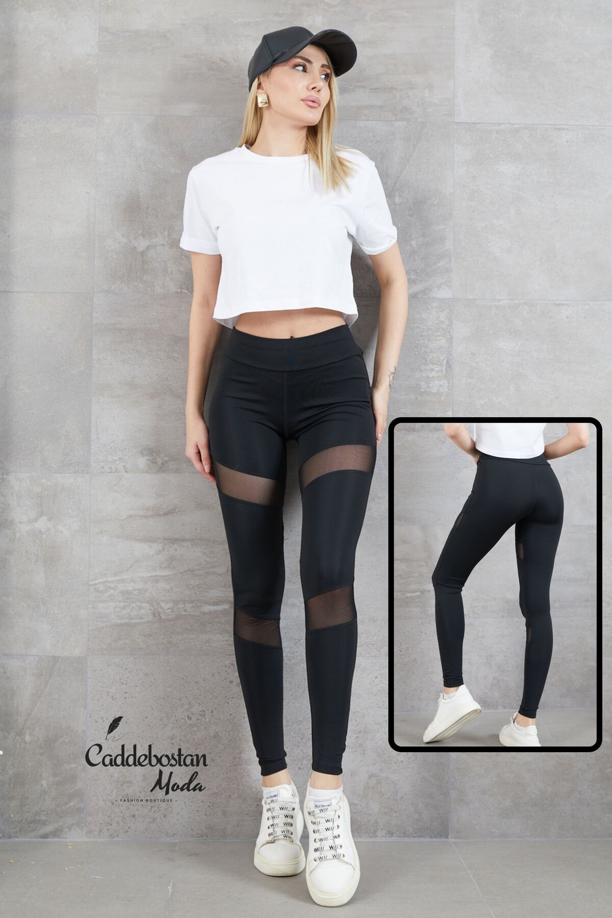 Caddebostan Moda Tül Detay Tayt Pamuklu Likrasız Siyah Kadın Spor Yoga Pantolon