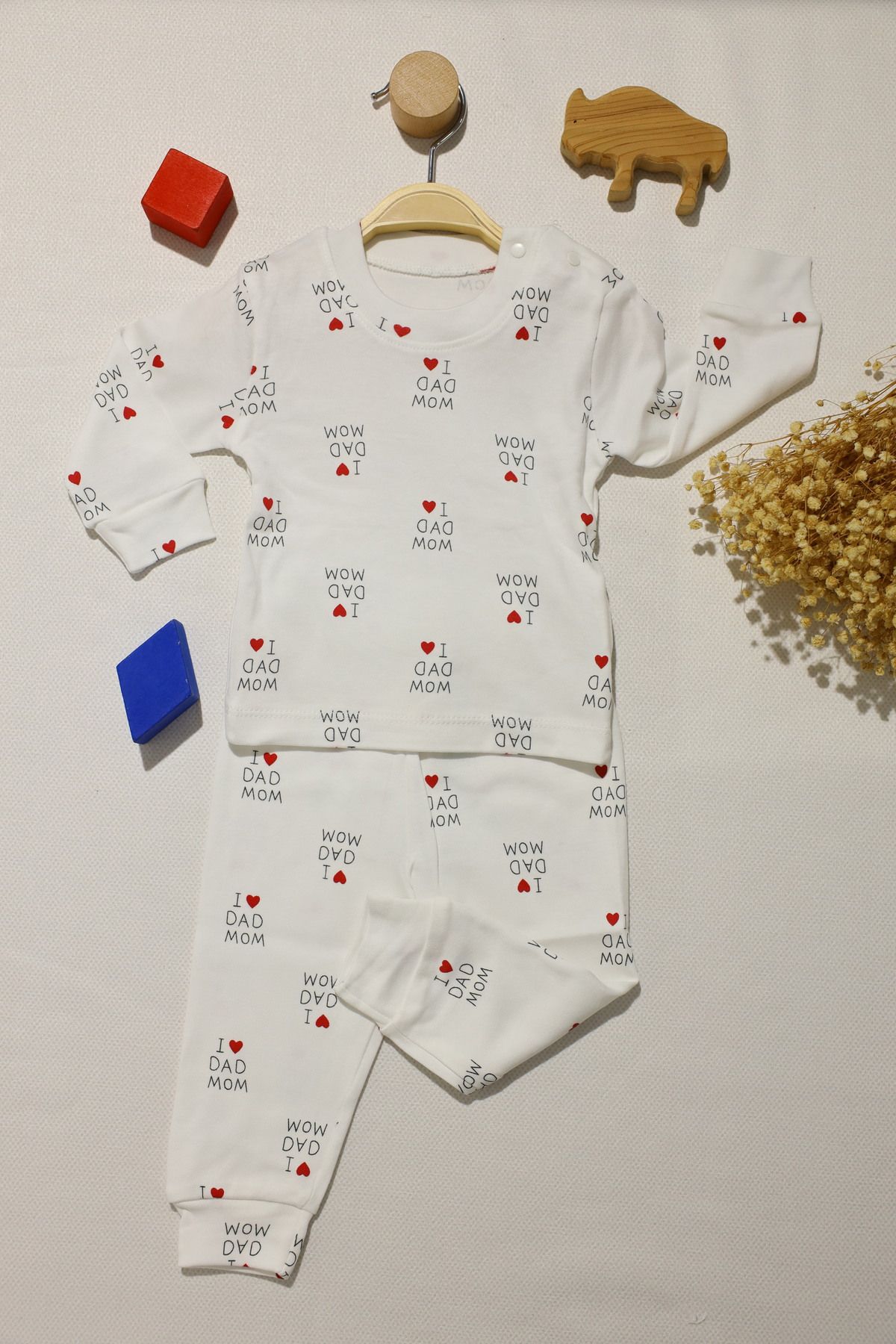 Vivolas %100 Organik Pamuk Bisiklet Yaka I Love Dad Mom Desenli Bebek Sweatshirt ve Pantolon 2'li Takım